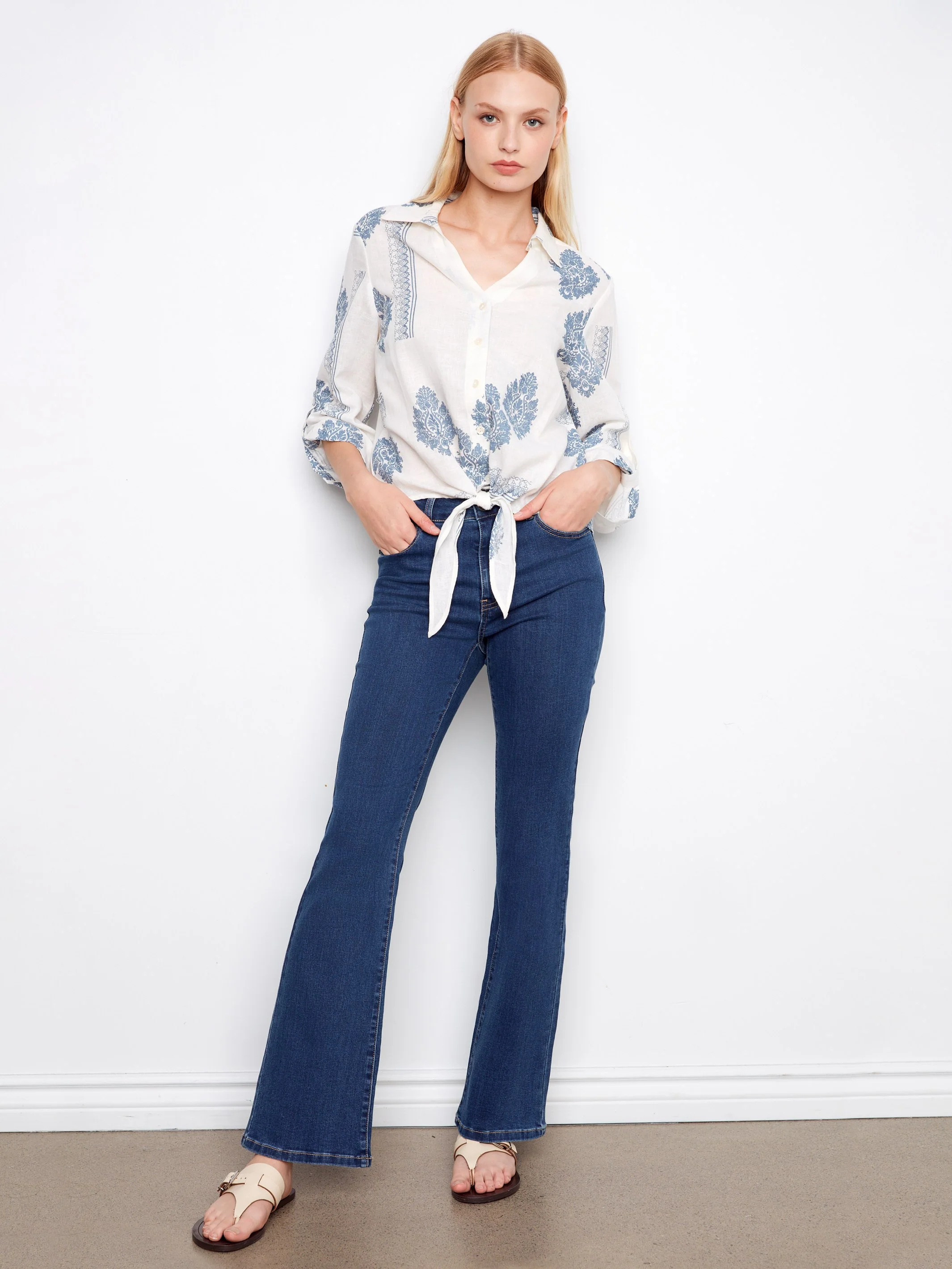 Printed Linen Blend Button-Up Blouse - Jean - Image 4
