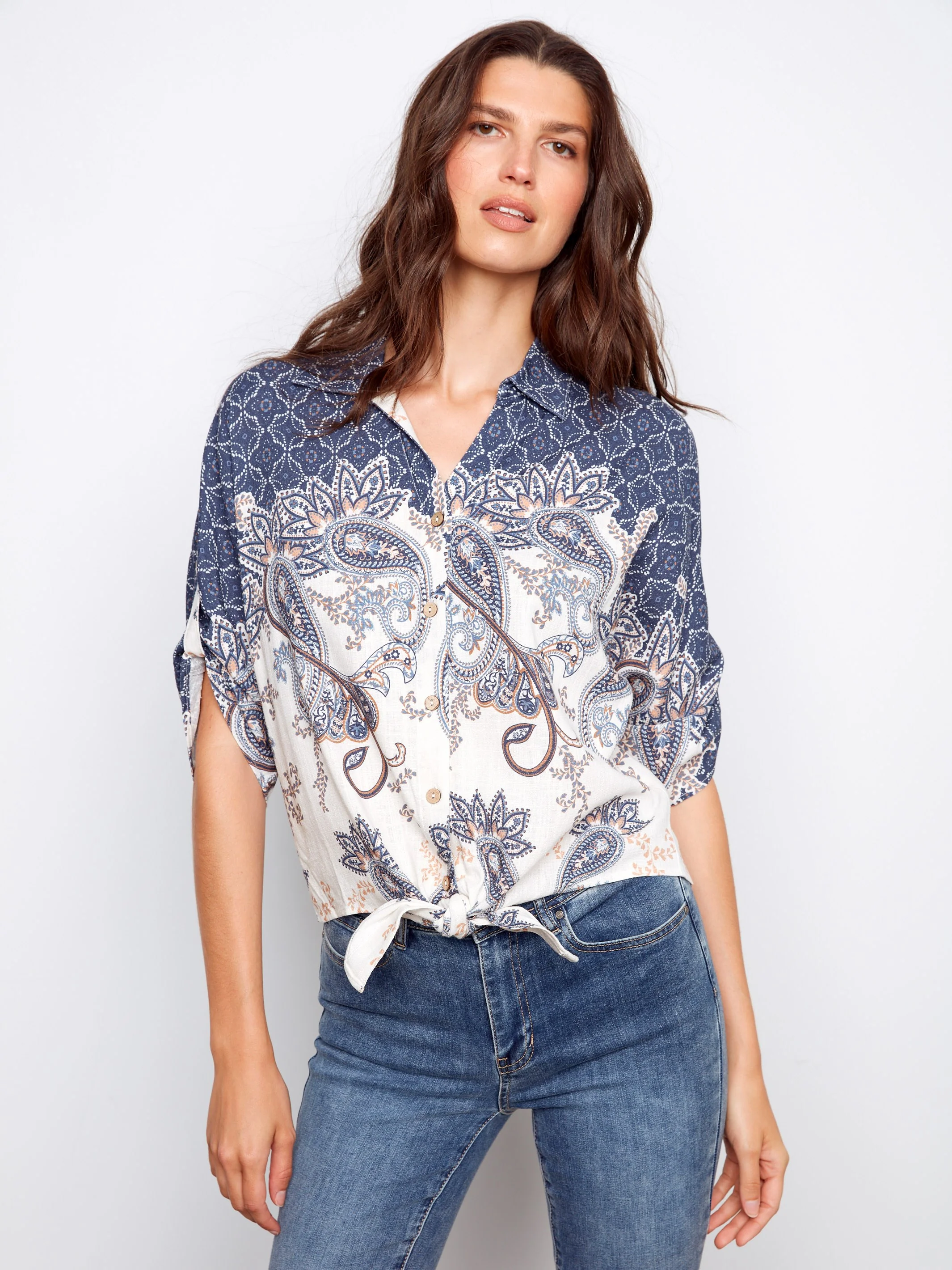 Printed Linen Blend Front-Tie Blouse - Denim - Image 3