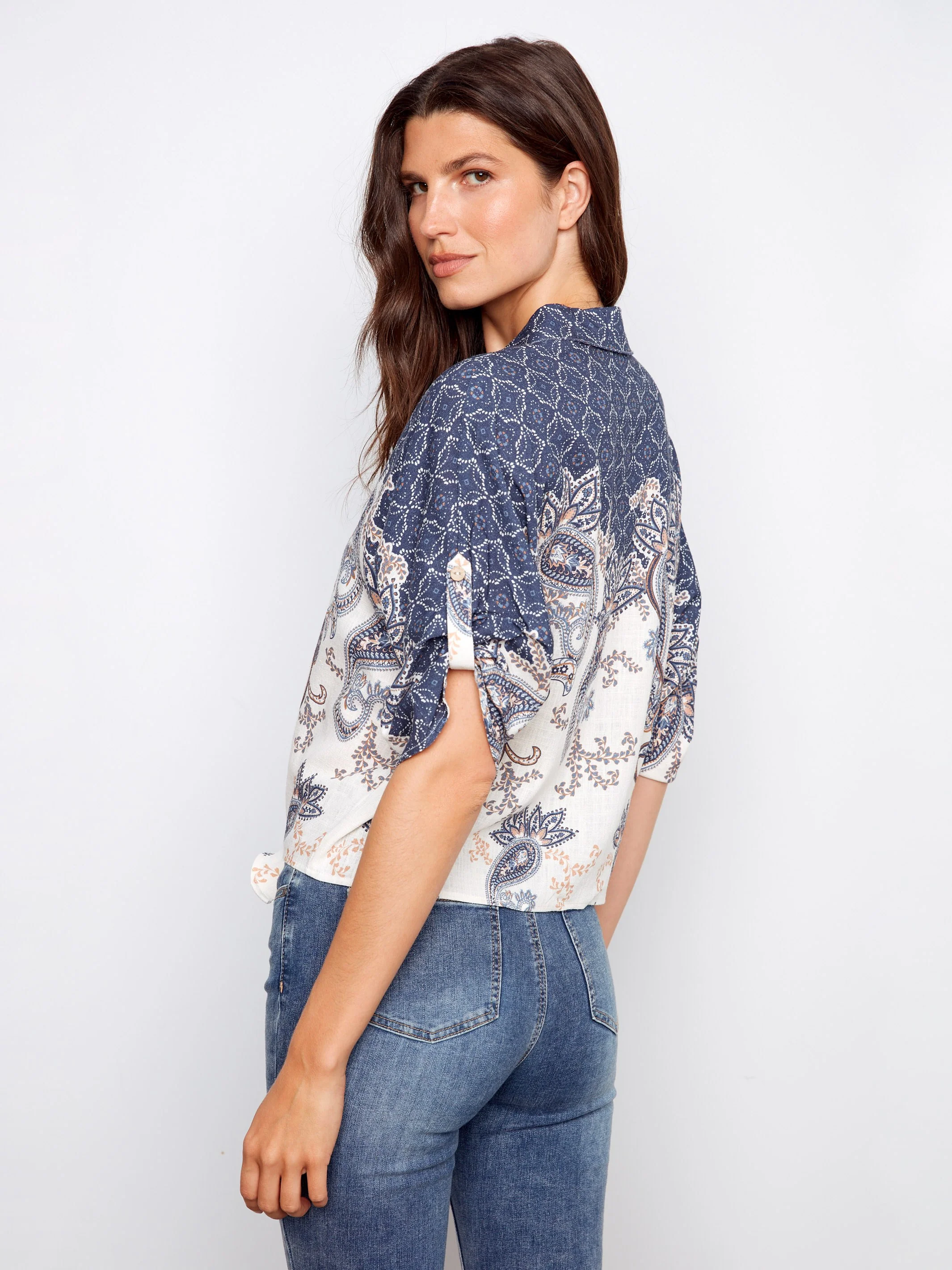 Printed Linen Blend Front-Tie Blouse - Denim - Image 4