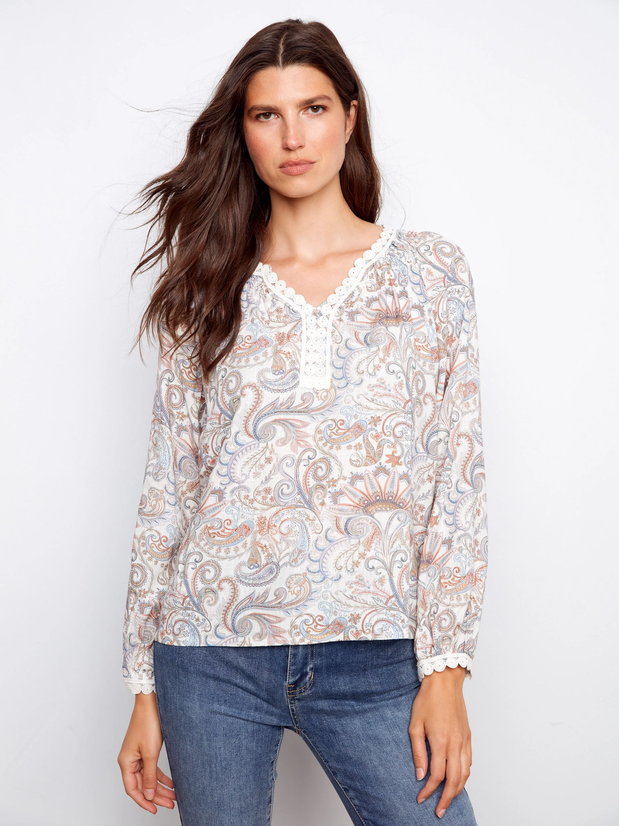 Printed Linen Blend Raglan Blouse With Crochet Trim - Chintz