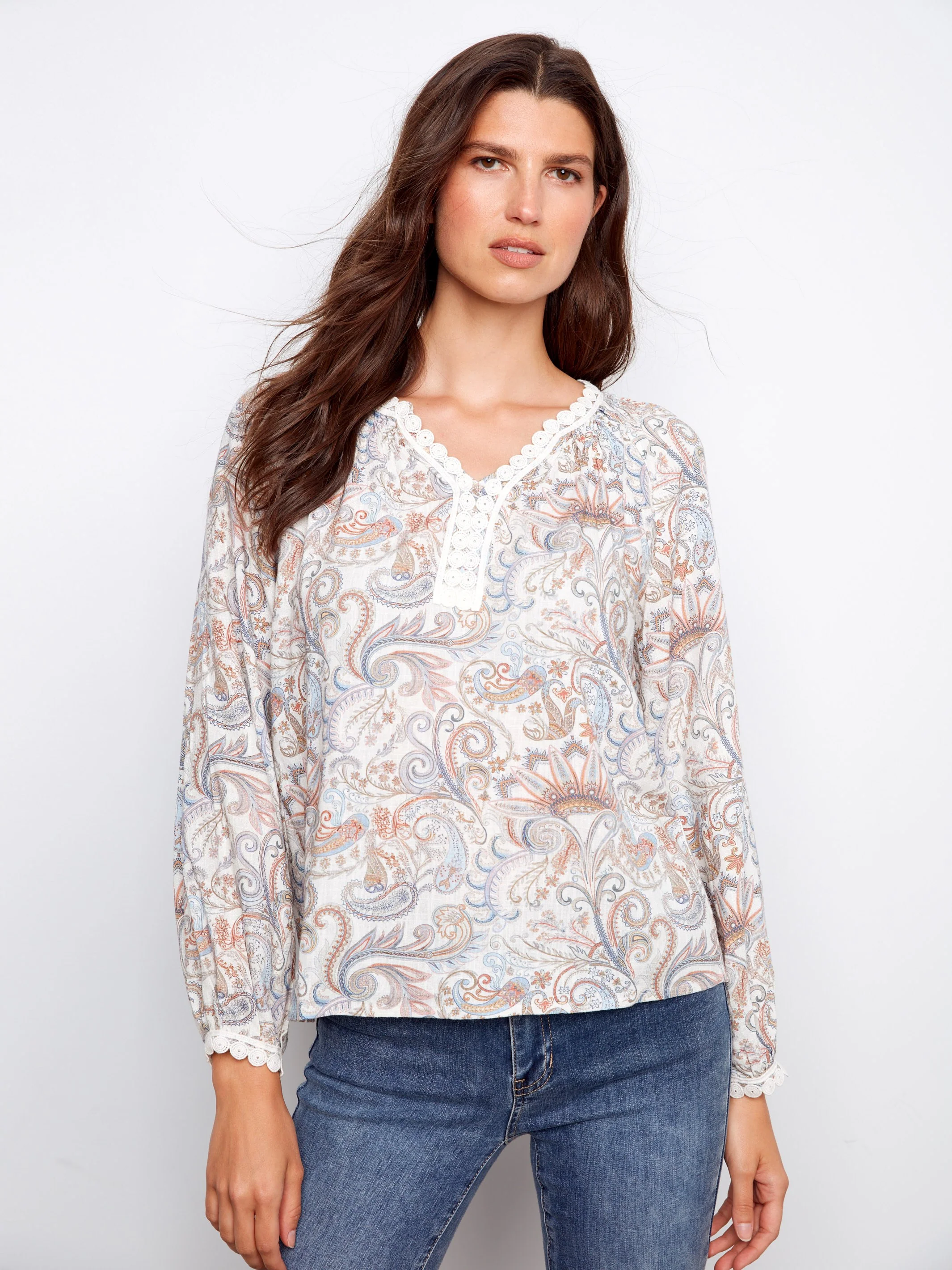 Printed Linen Blend Raglan Blouse With Crochet Trim - Chintz - Image 3