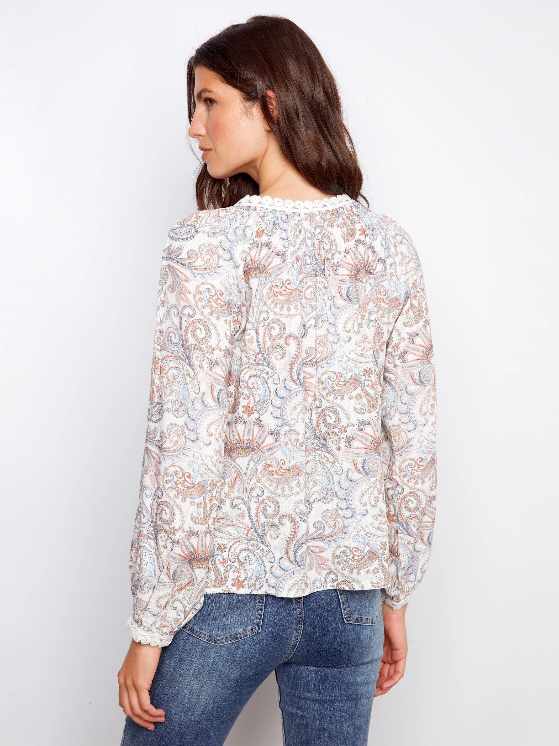 Printed Linen Blend Raglan Blouse With Crochet Trim - Chintz - Image 4