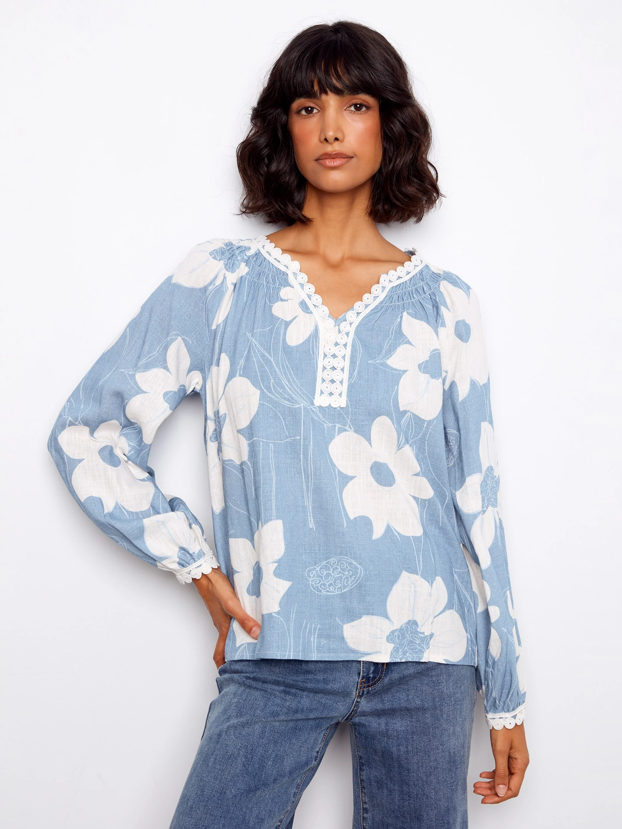 Printed Linen Blend Raglan Blouse With Crochet Trim - Waterlily