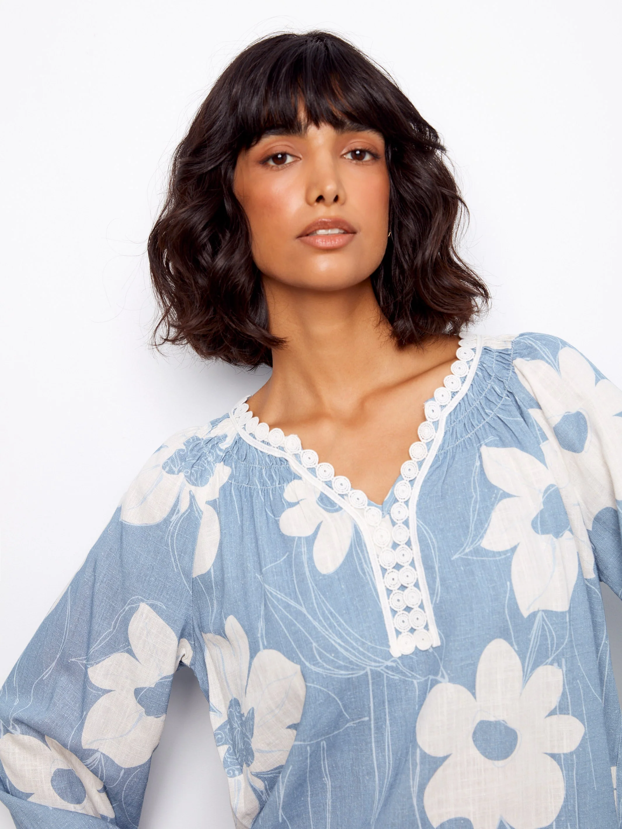 Printed Linen Blend Raglan Blouse With Crochet Trim - Waterlily - Image 2
