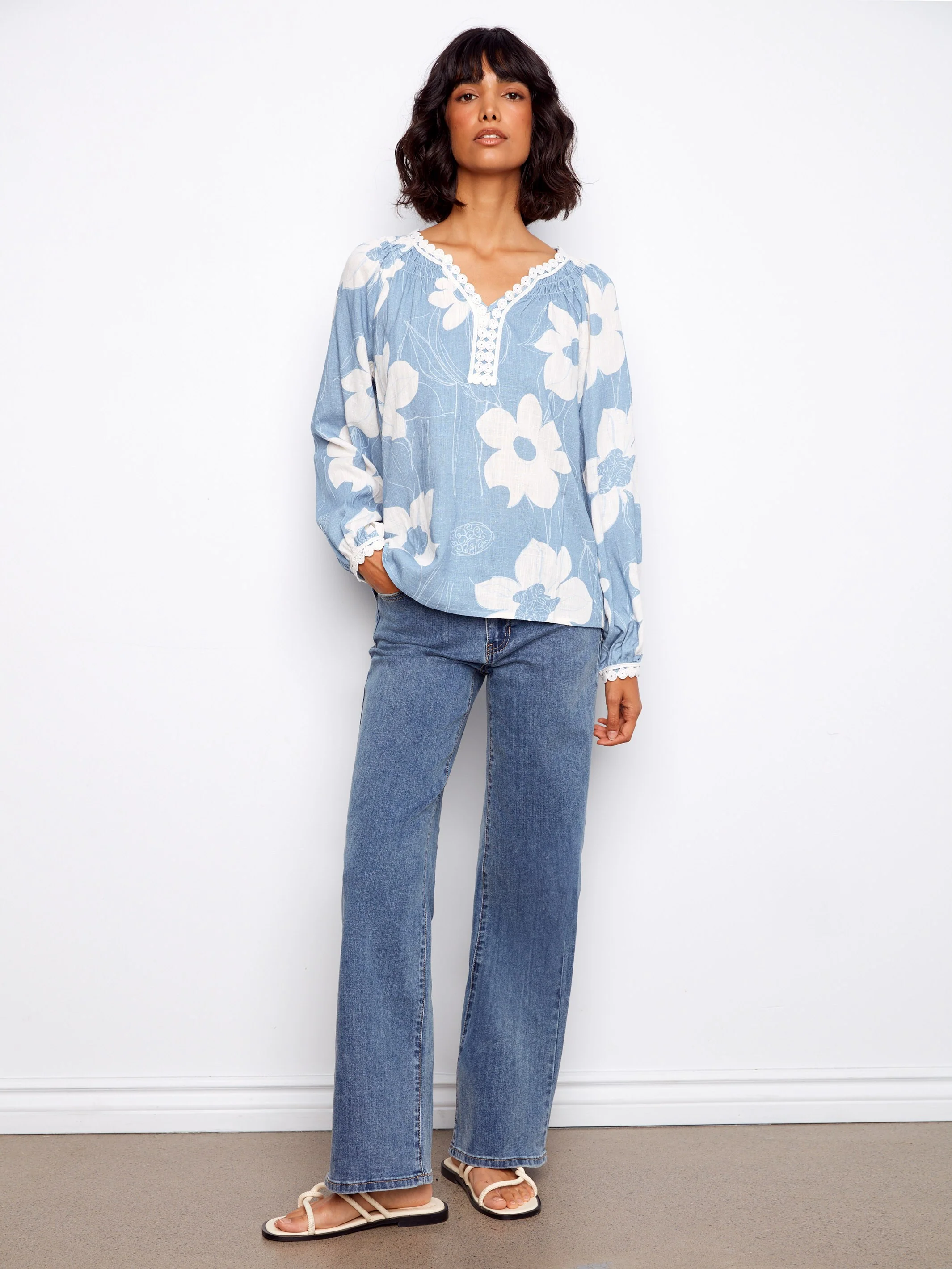 Printed Linen Blend Raglan Blouse With Crochet Trim - Waterlily - Image 3