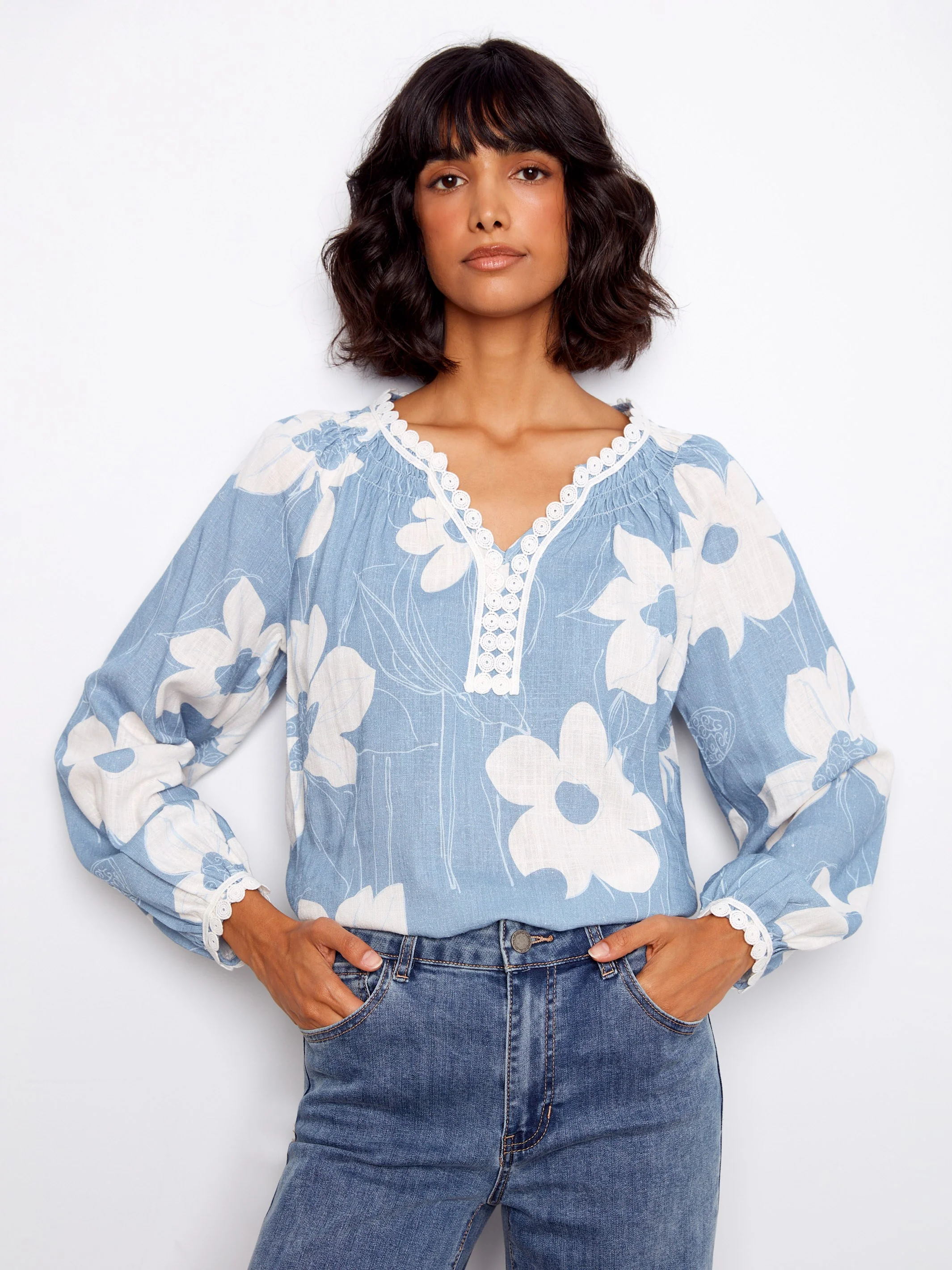 Printed Linen Blend Raglan Blouse With Crochet Trim - Waterlily - Image 4