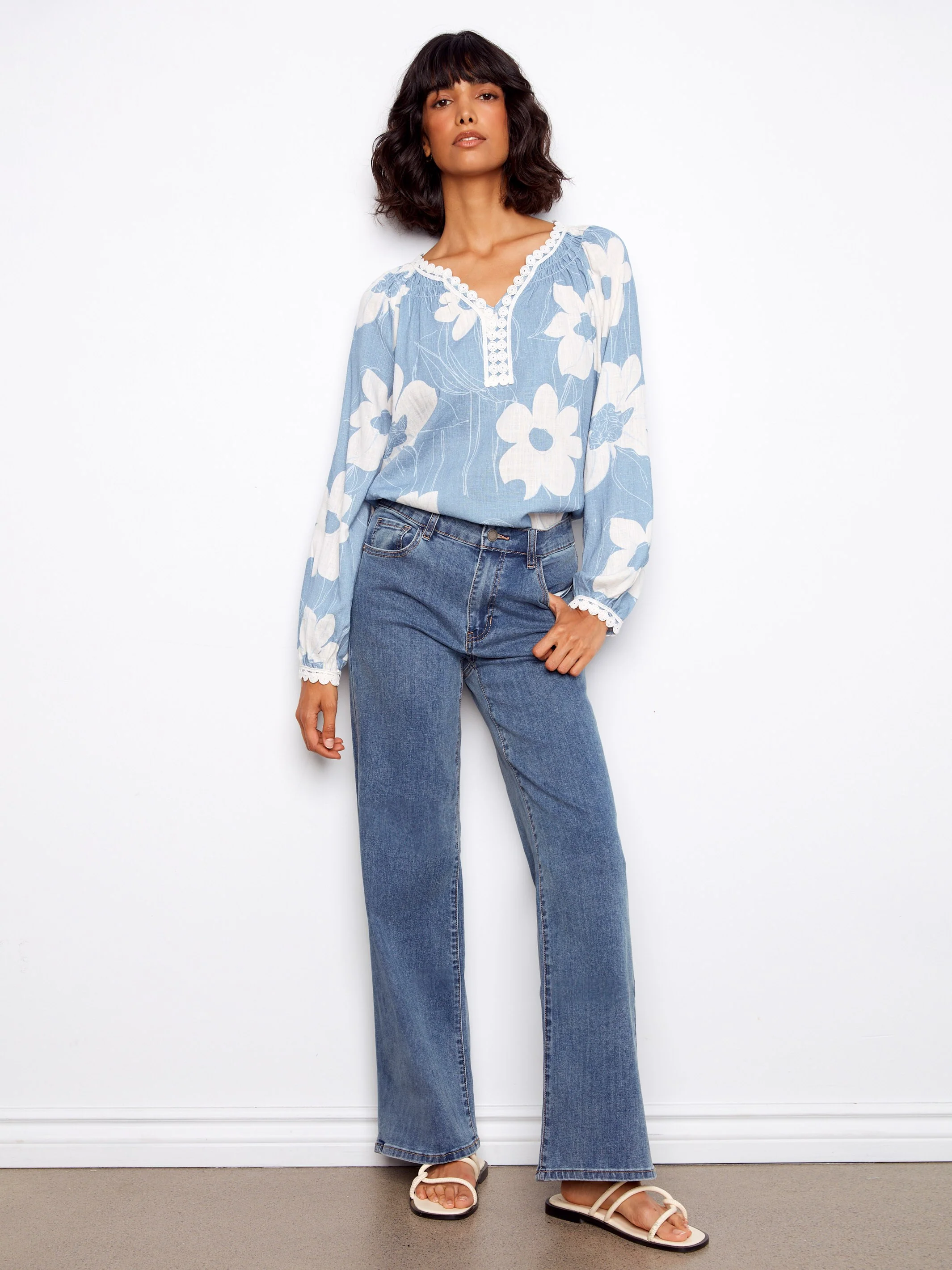 Printed Linen Blend Raglan Blouse With Crochet Trim - Waterlily - Image 5
