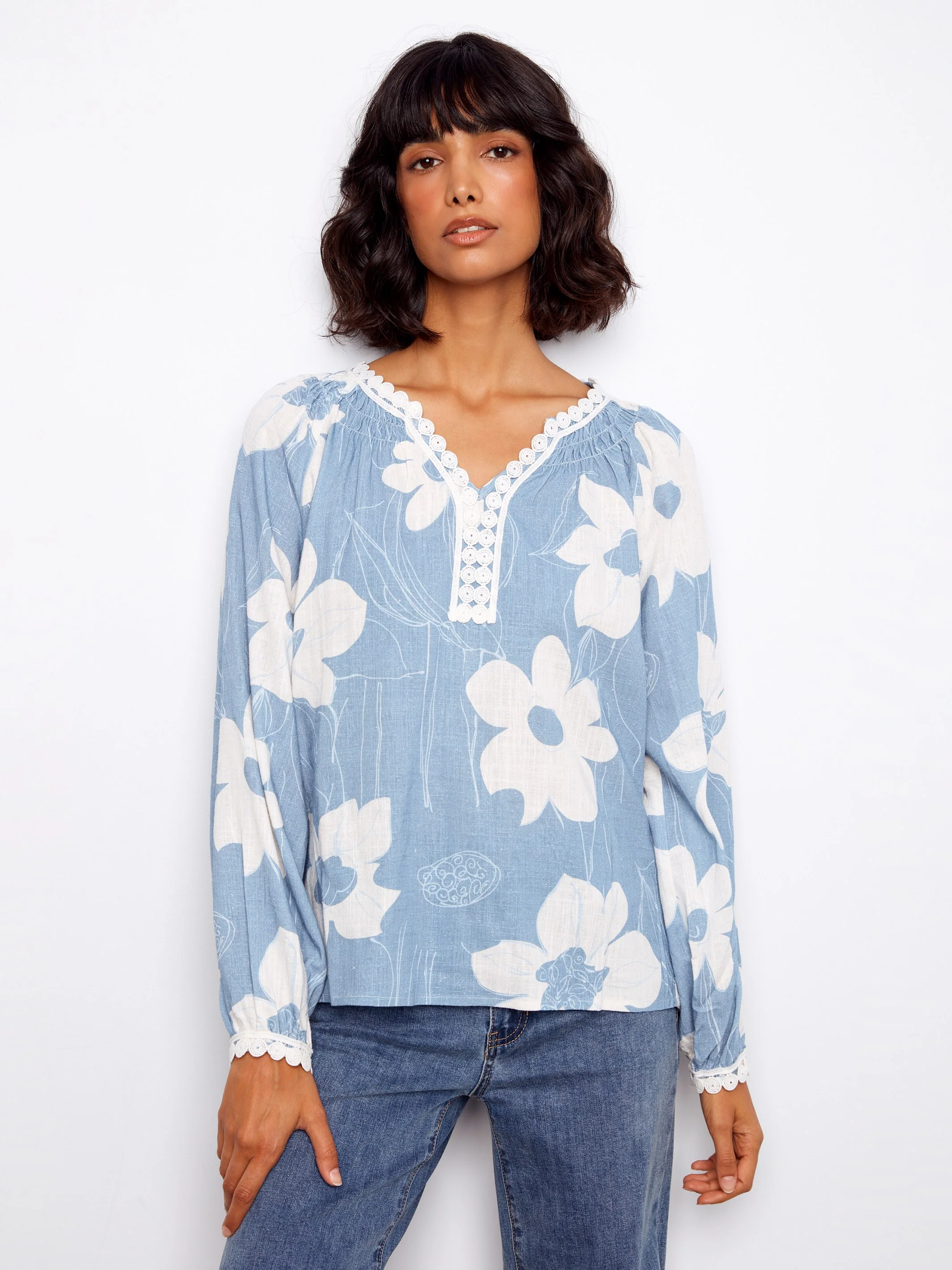 Printed Linen Blend Raglan Blouse With Crochet Trim - Waterlily - Image 6