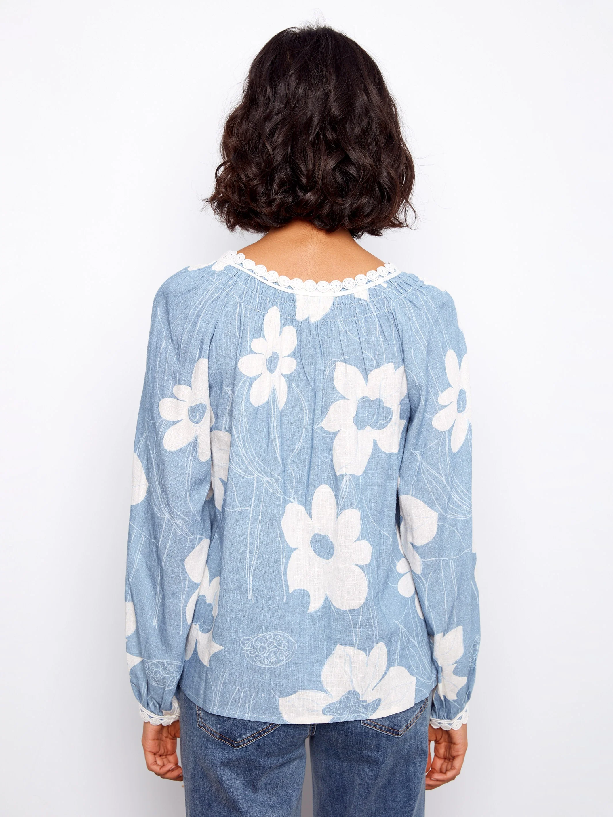 Printed Linen Blend Raglan Blouse With Crochet Trim - Waterlily - Image 7