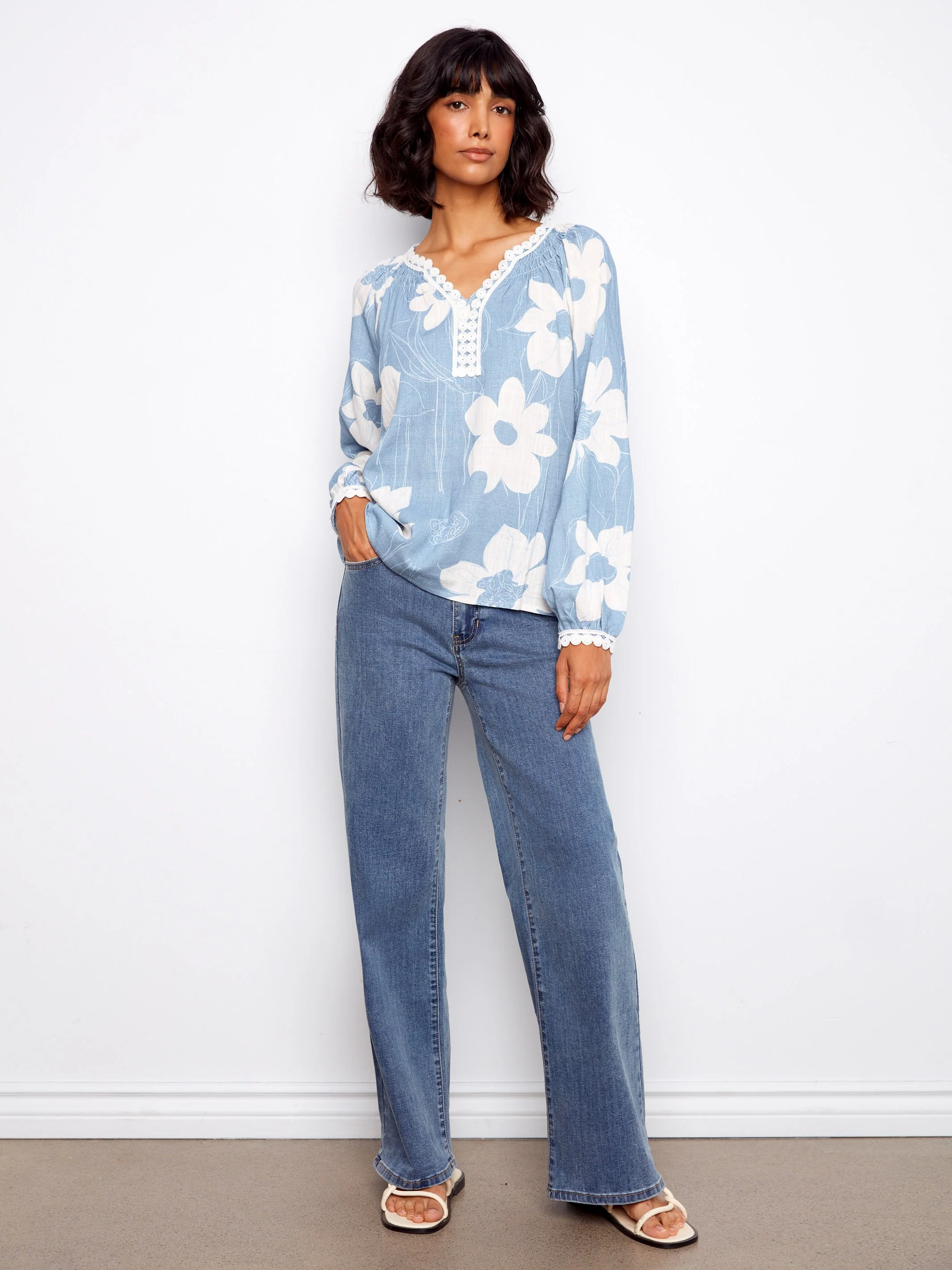 Printed Linen Blend Raglan Blouse With Crochet Trim - Waterlily - Image 8
