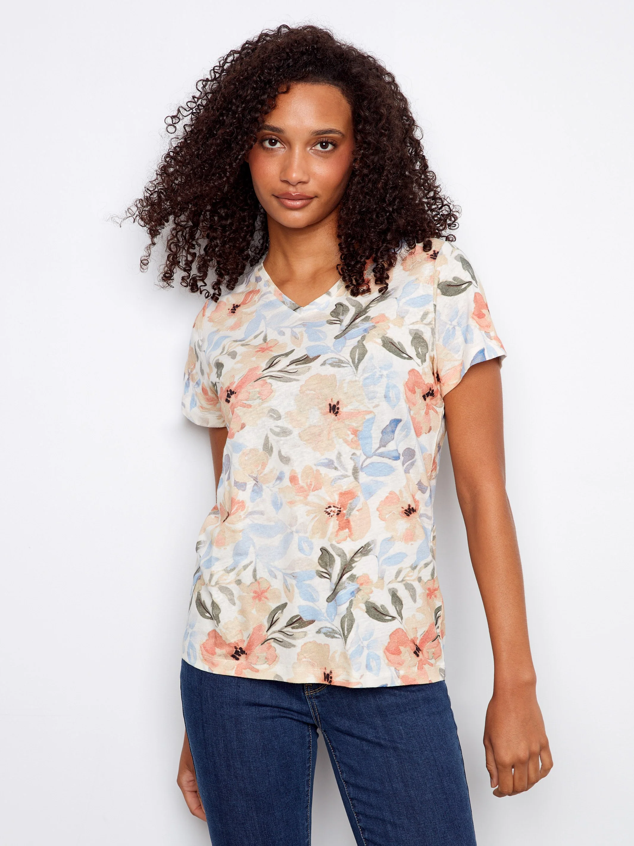 Printed Linen Blend V-Neck T-Shirt - Aurelia - Image 3