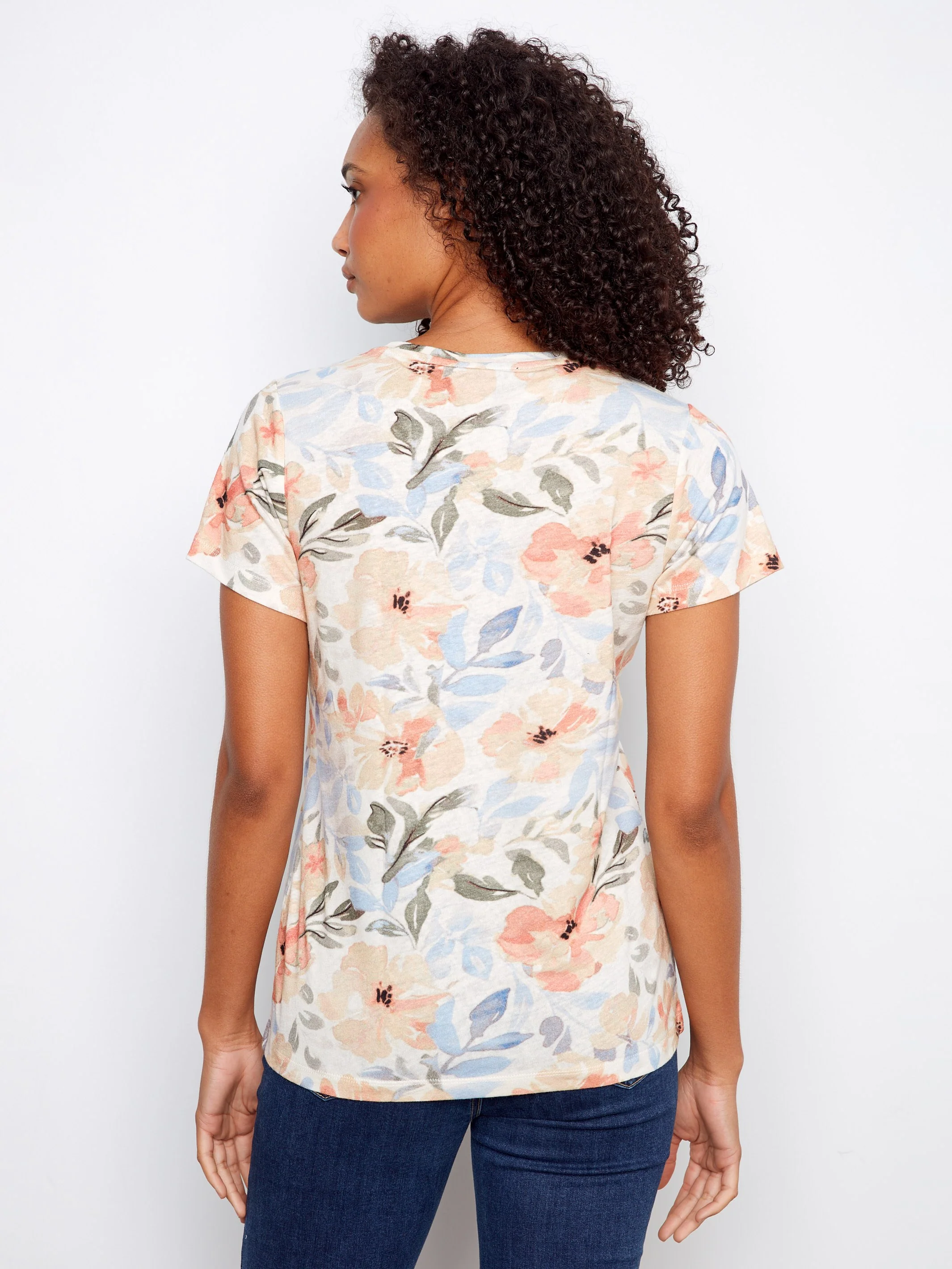 Printed Linen Blend V-Neck T-Shirt - Aurelia - Image 4