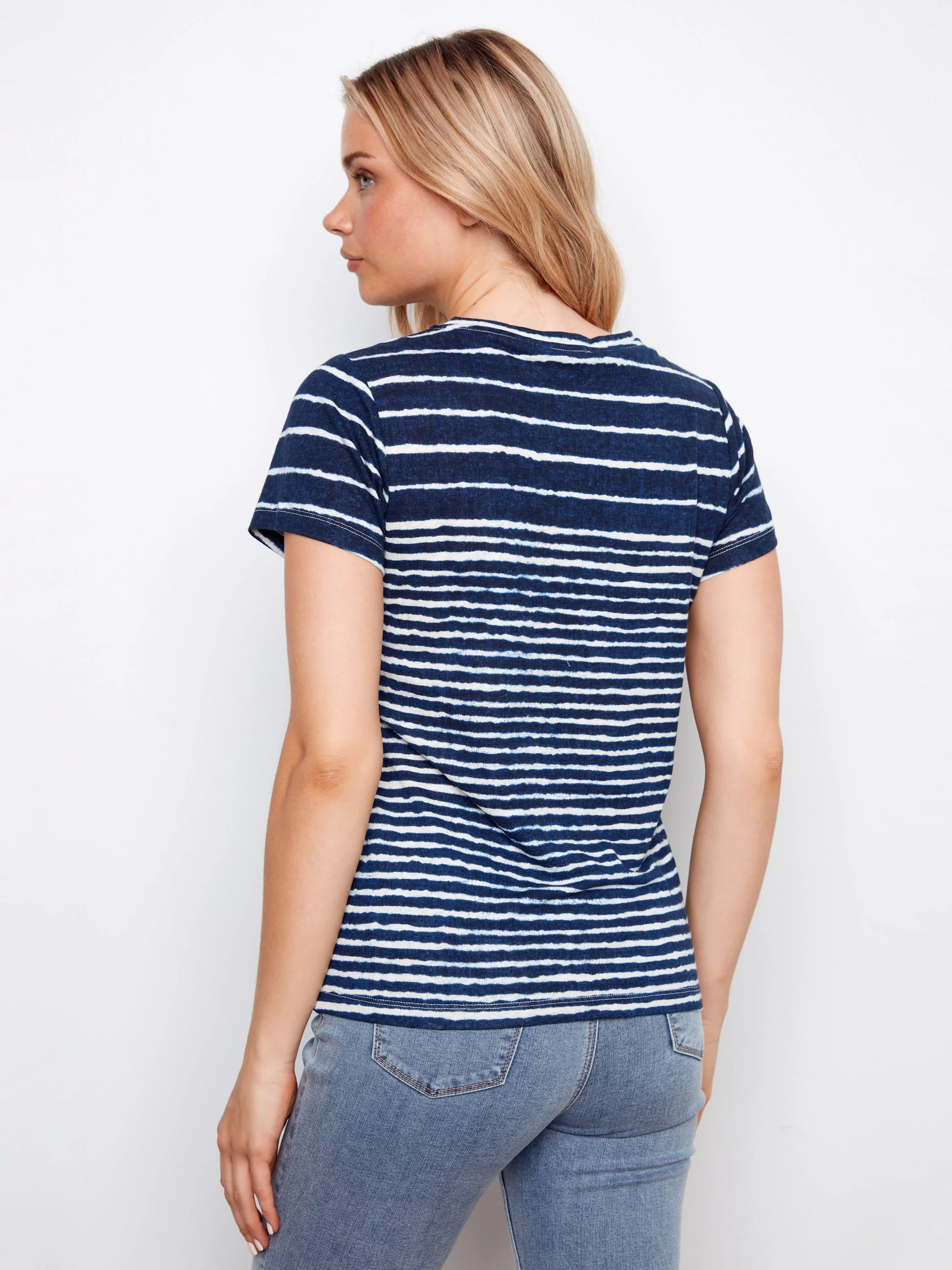 Printed Linen Blend V-Neck T-Shirt - Stripes - Image 4