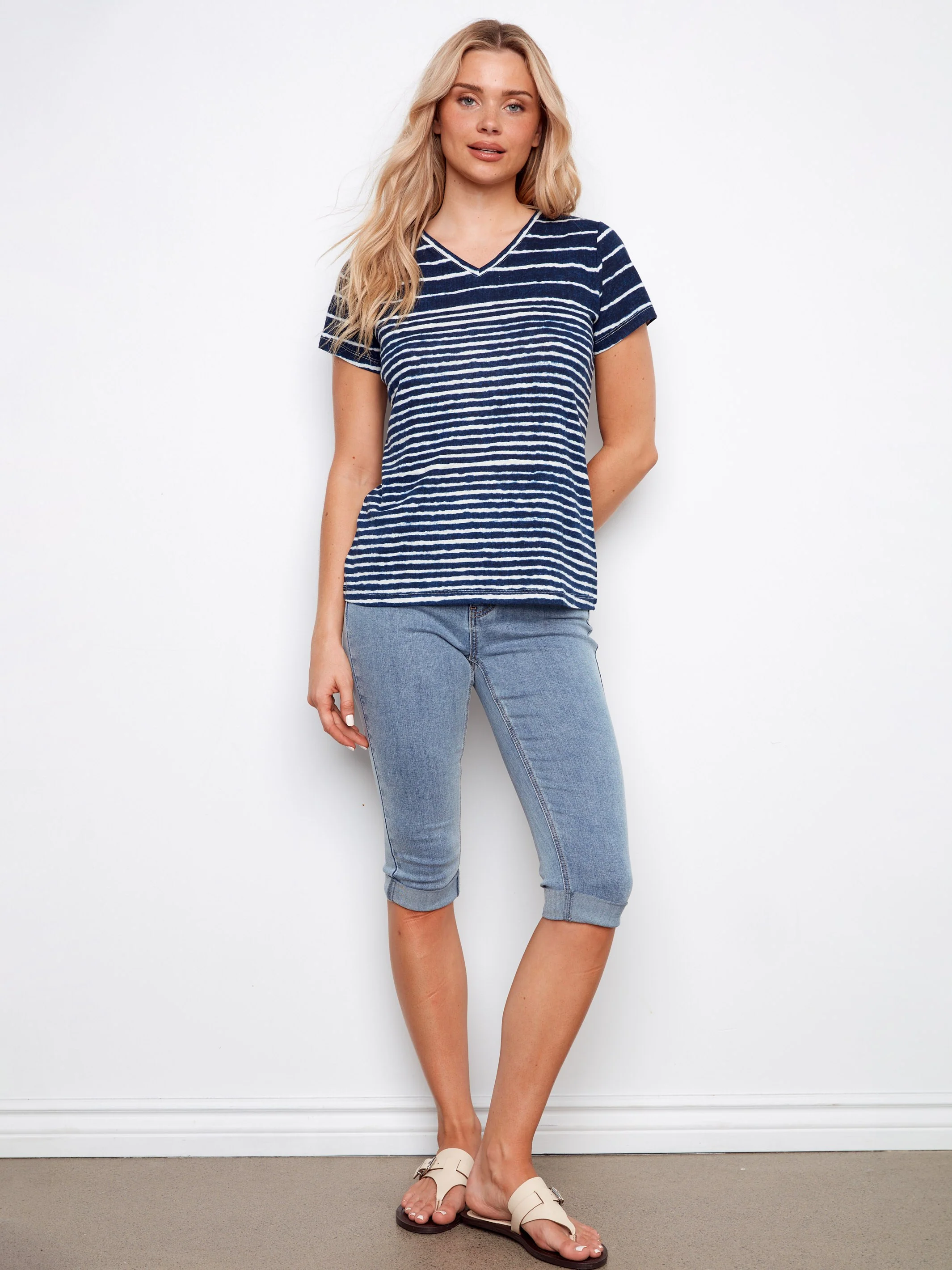 Printed Linen Blend V-Neck T-Shirt - Stripes - Image 5