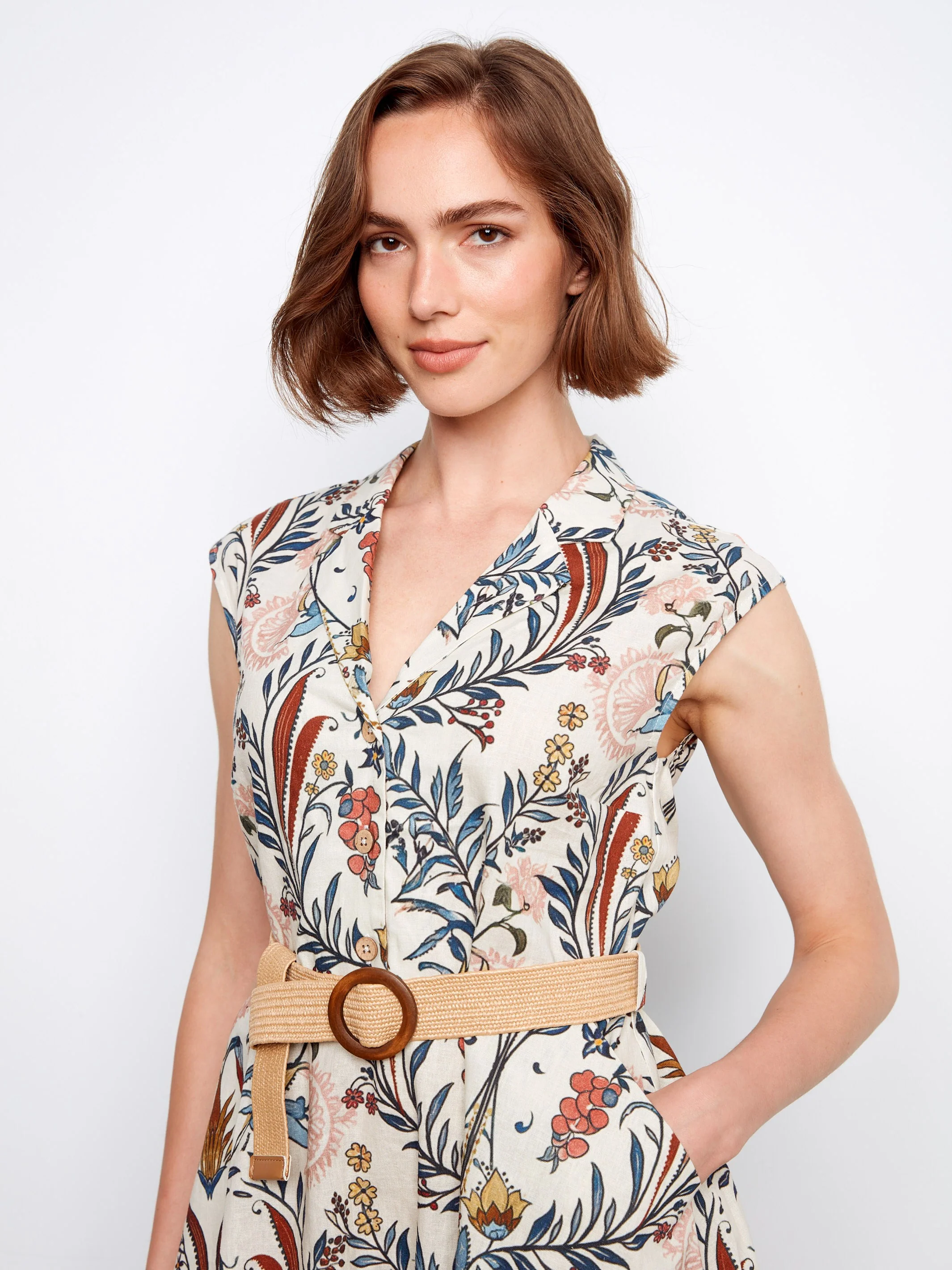 Printed Linen Cotton Dress With Straw Belt - Bella - Image 7