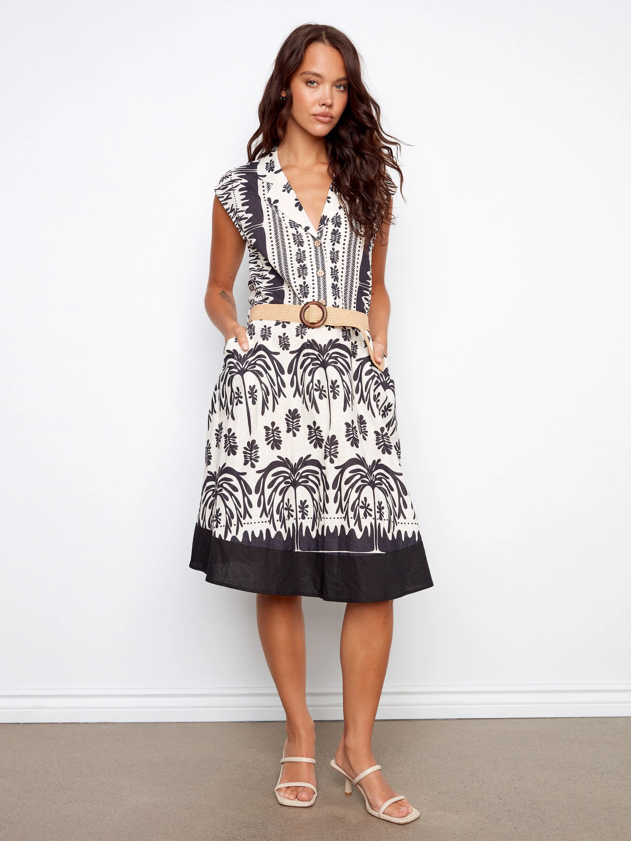 Printed Linen Cotton Dress With Straw Belt - Oasis - Image 7