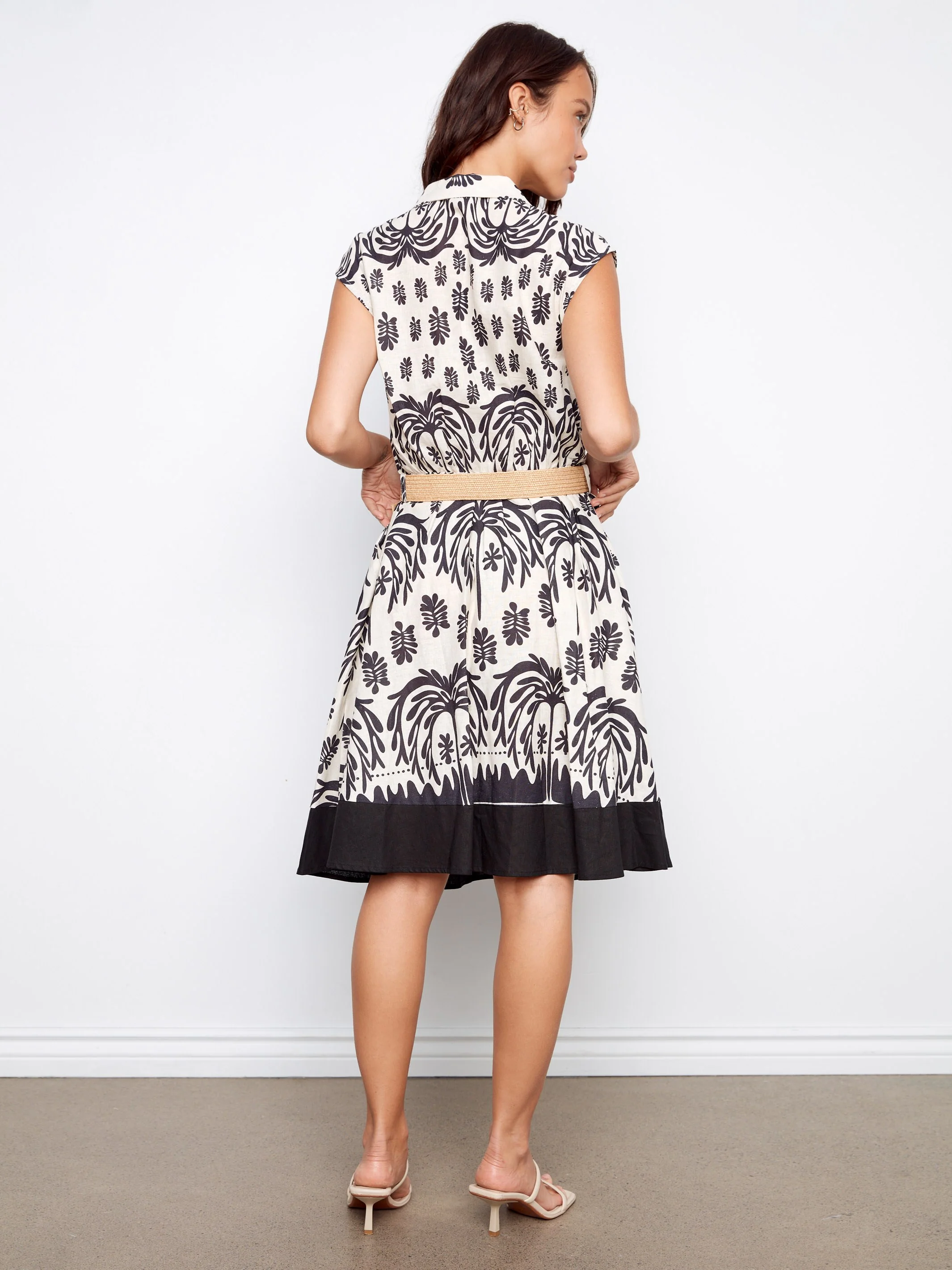 Printed Linen Cotton Dress With Straw Belt - Oasis - Image 8