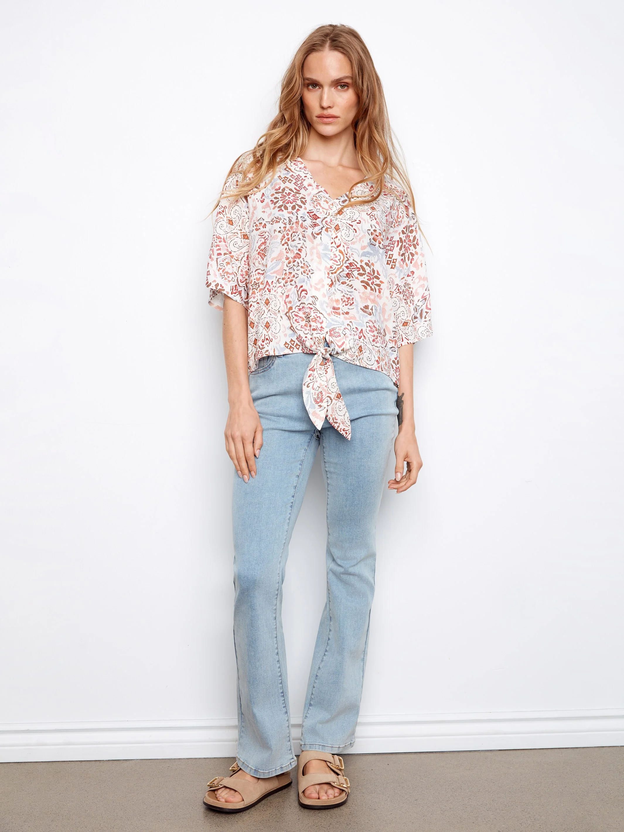 Printed Popover Blouse With Front Tie - Bea - Image 3