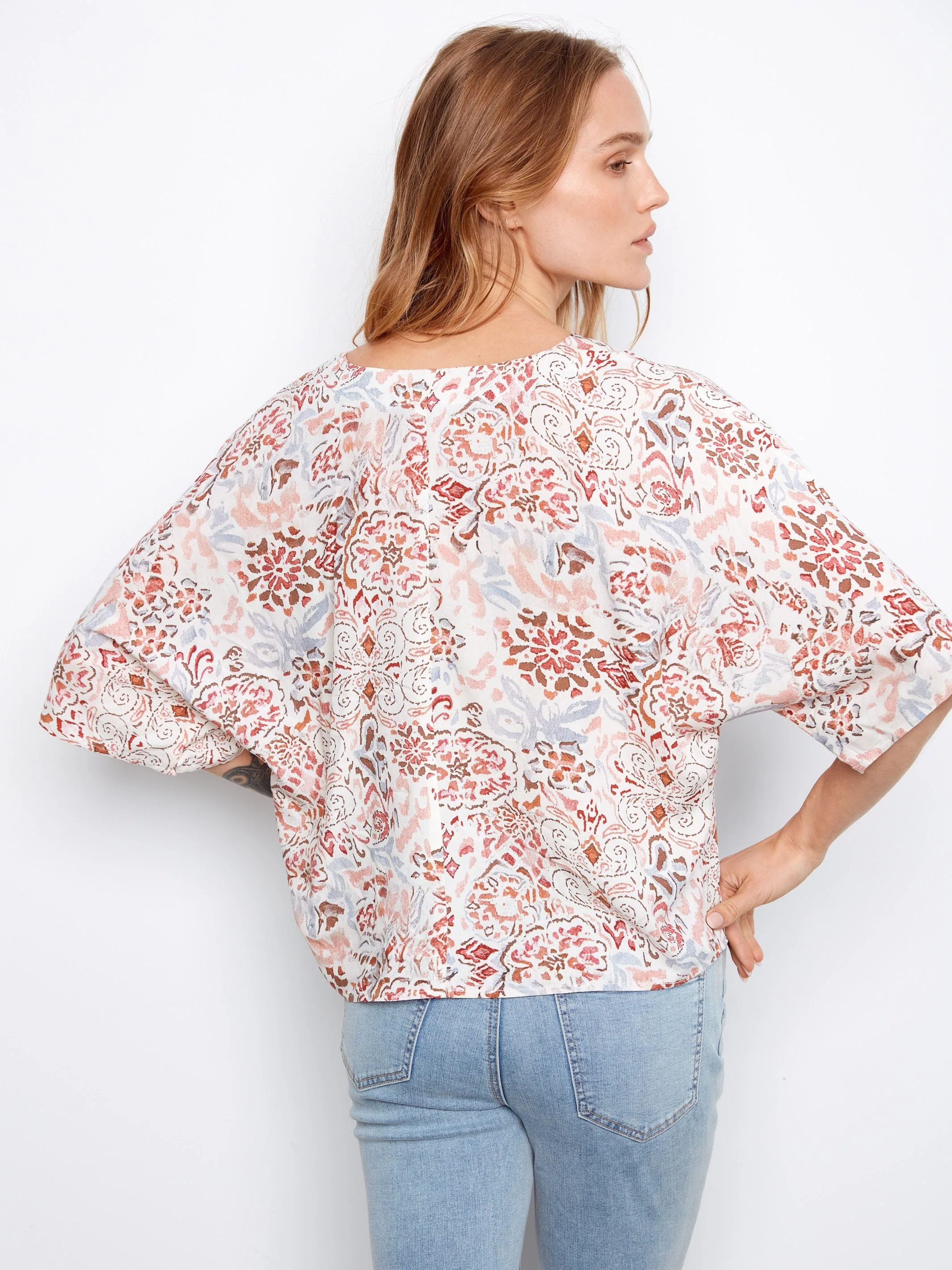 Printed Popover Blouse With Front Tie - Bea - Image 5