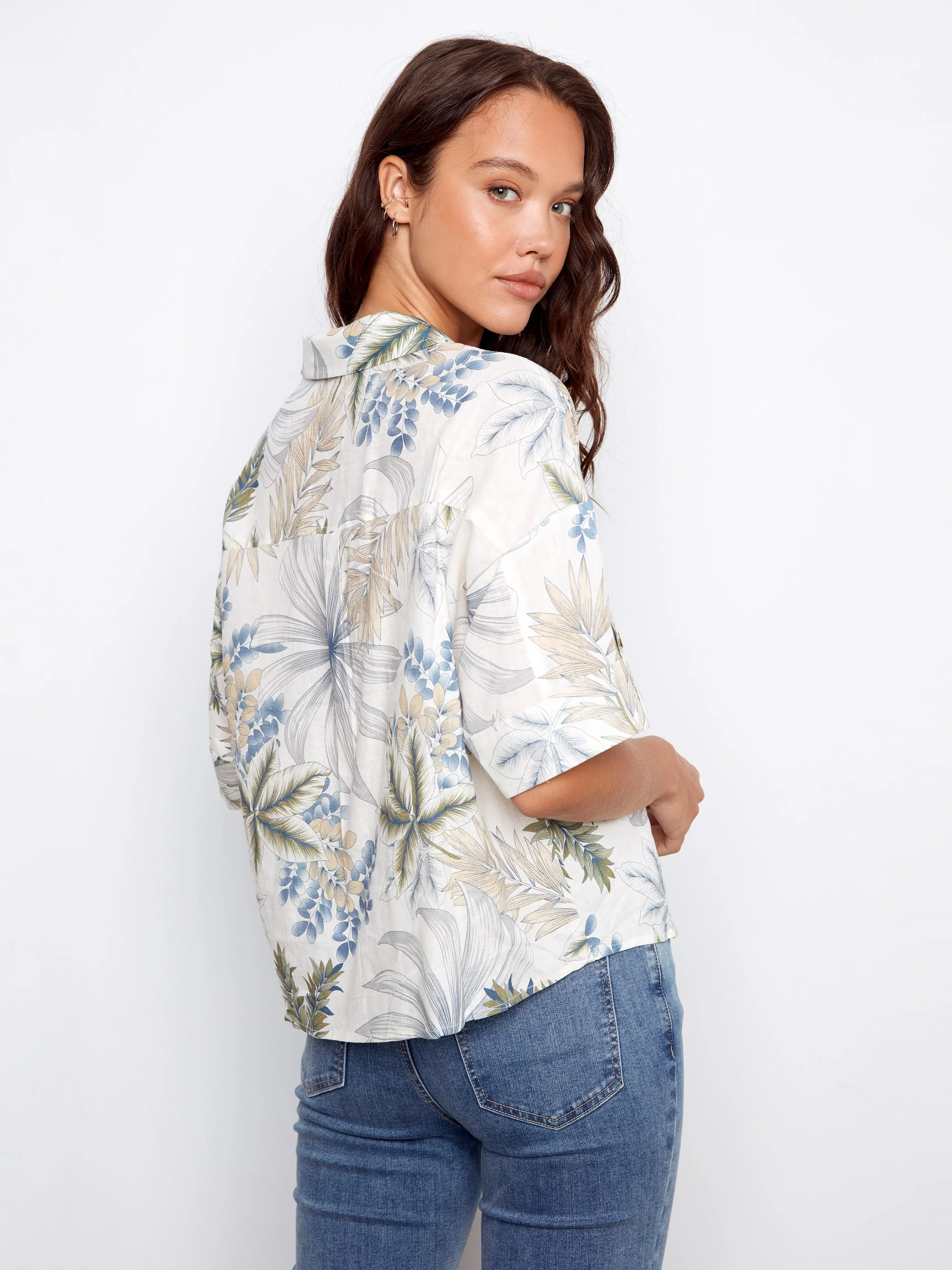 Printed Short Sleeve Button-Front Linen Blend Shirt - Hawaii - Image 3