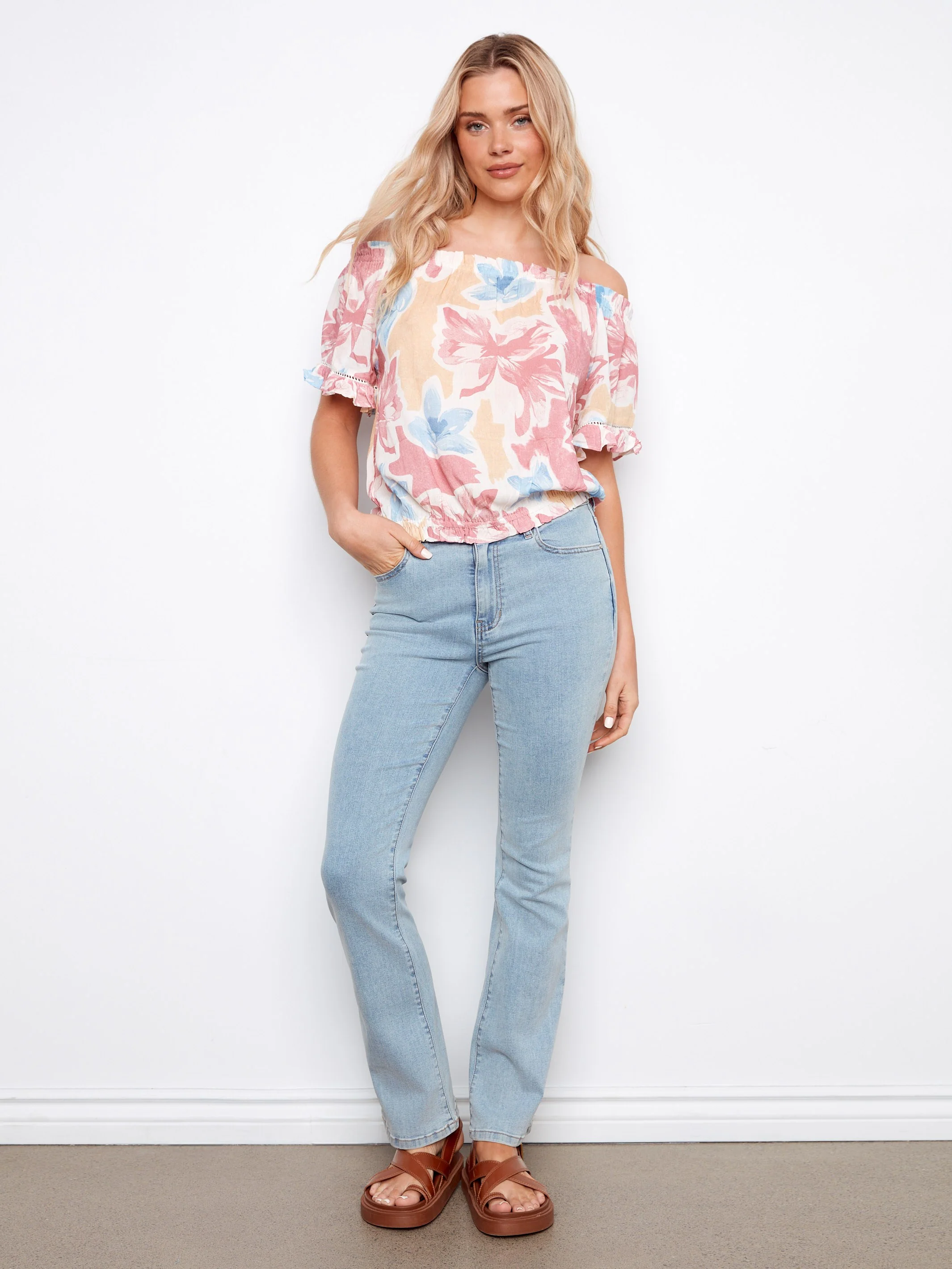 Printed Short Sleeve Off-Shoulder Blouse - Flowery - Image 3