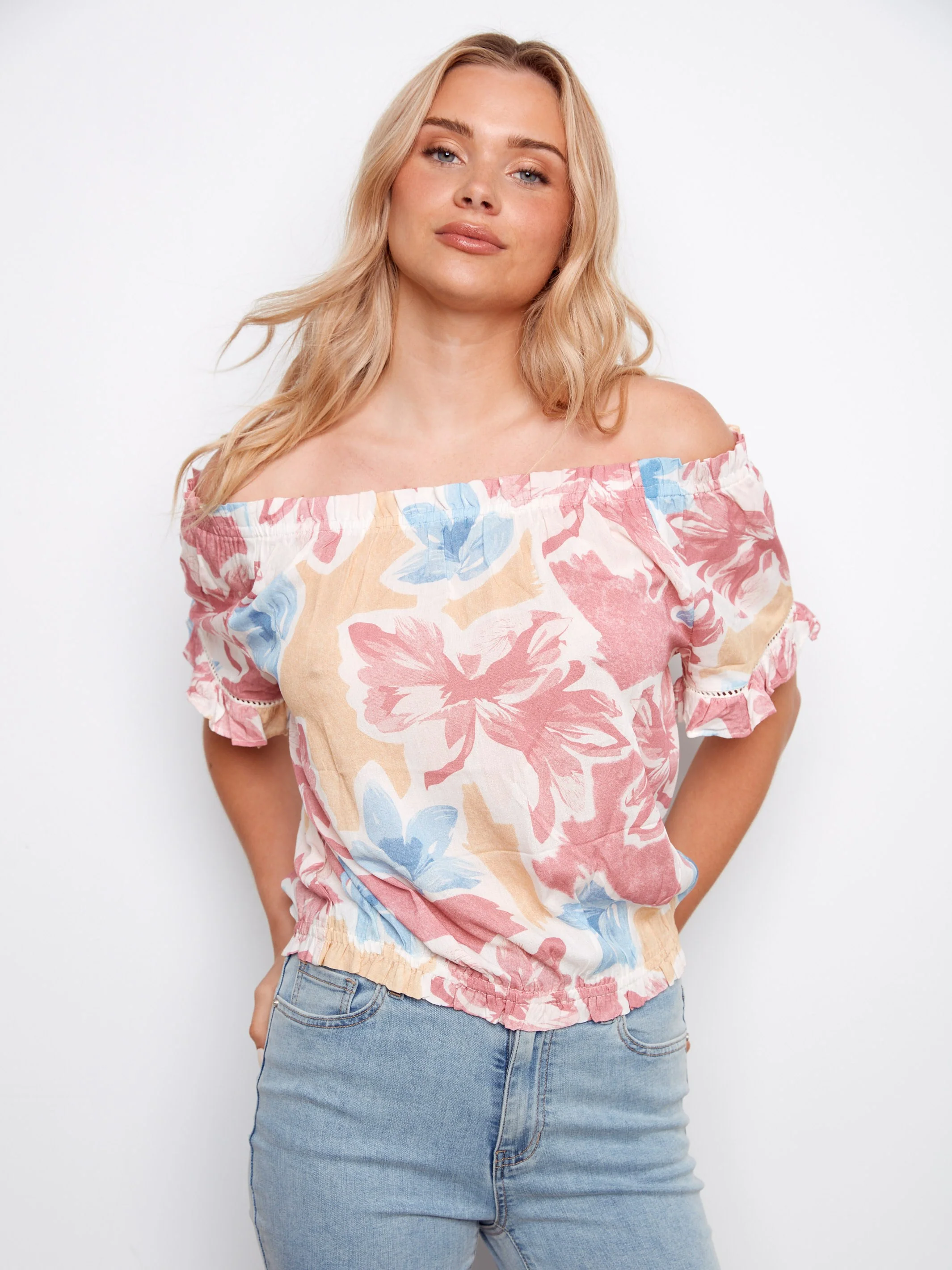 Printed Short Sleeve Off-Shoulder Blouse - Flowery - Image 4