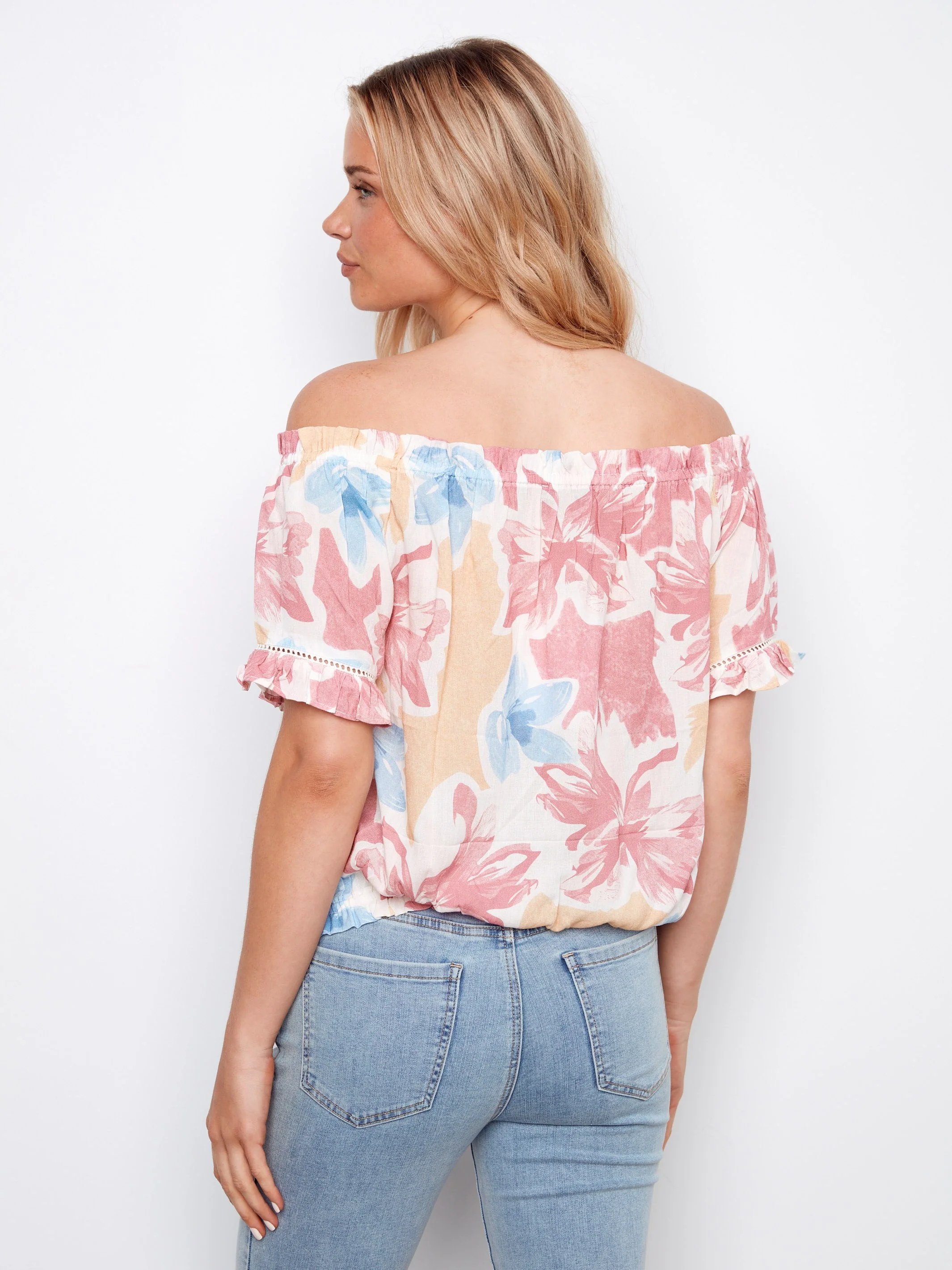 Printed Short Sleeve Off-Shoulder Blouse - Flowery - Image 5
