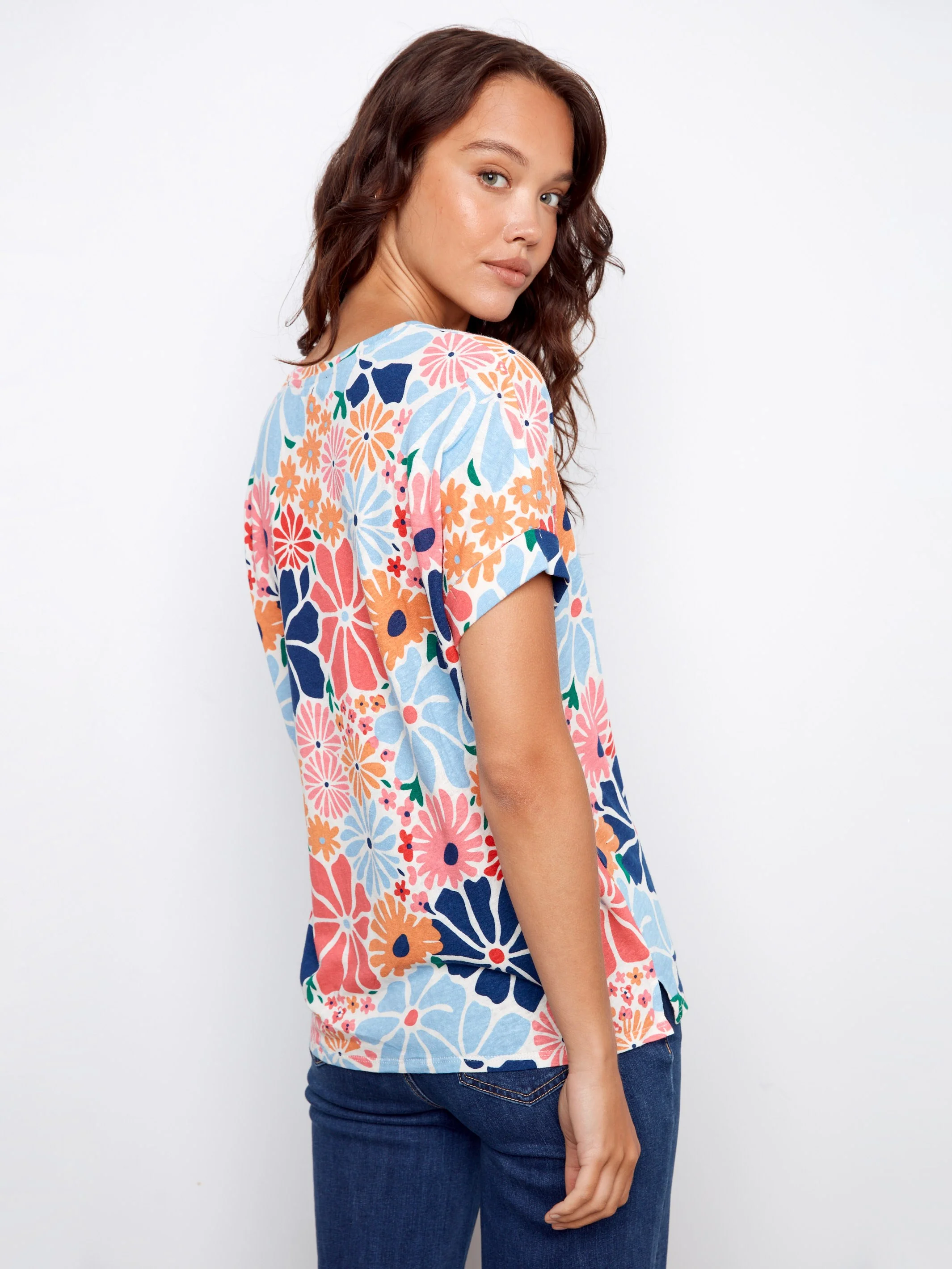 Printed Short Sleeve V-Neck T-Shirt - Multicolor - Image 3