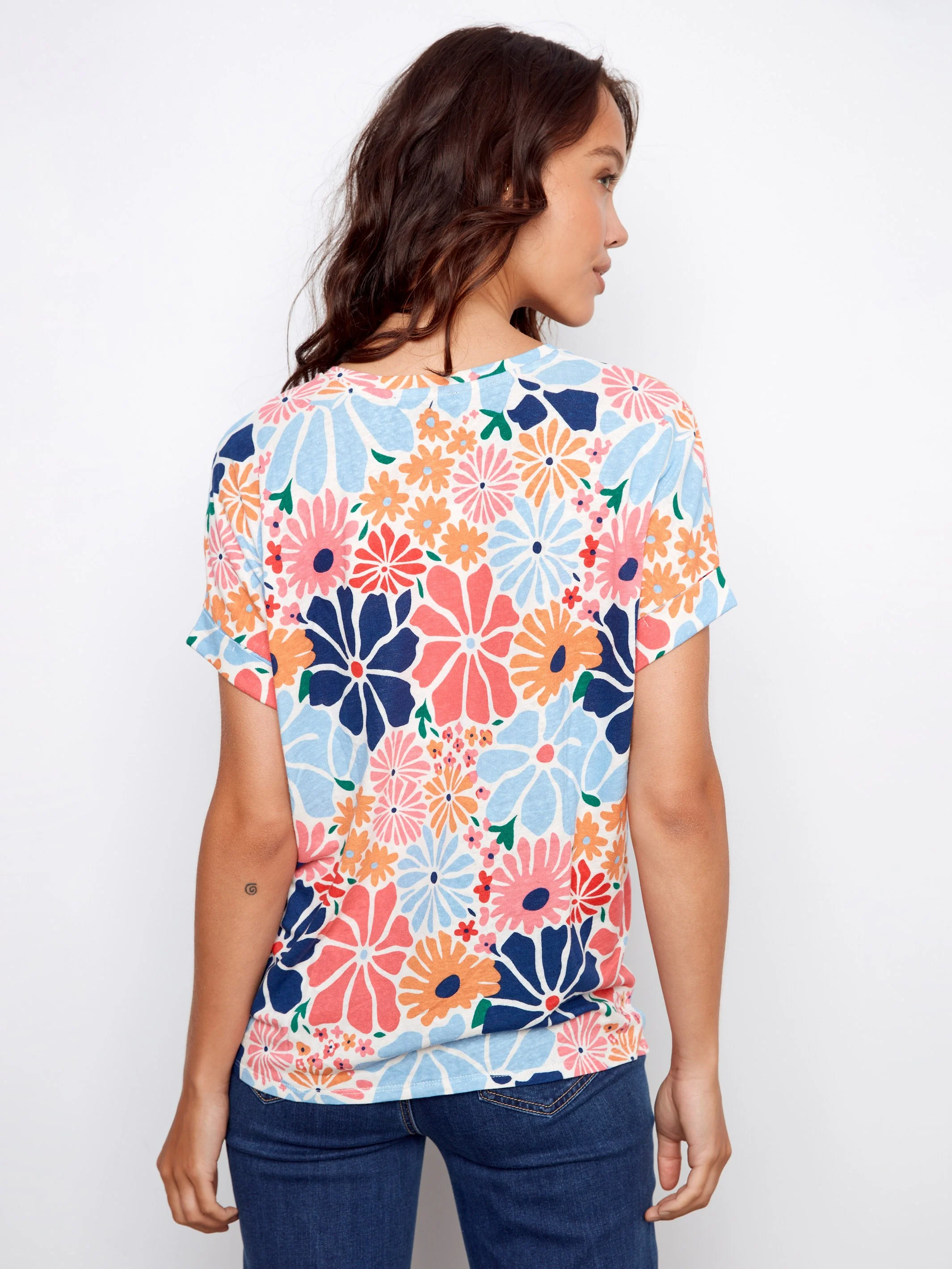 Printed Short Sleeve V-Neck T-Shirt - Multicolor - Image 4