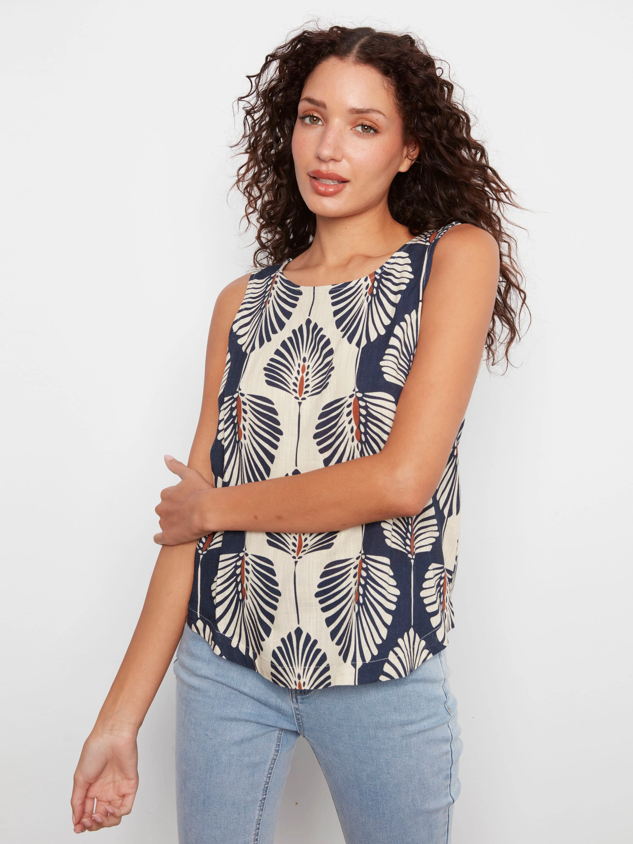 Printed Sleeveless Linen Blend Blouse - Tahiti - Image 3