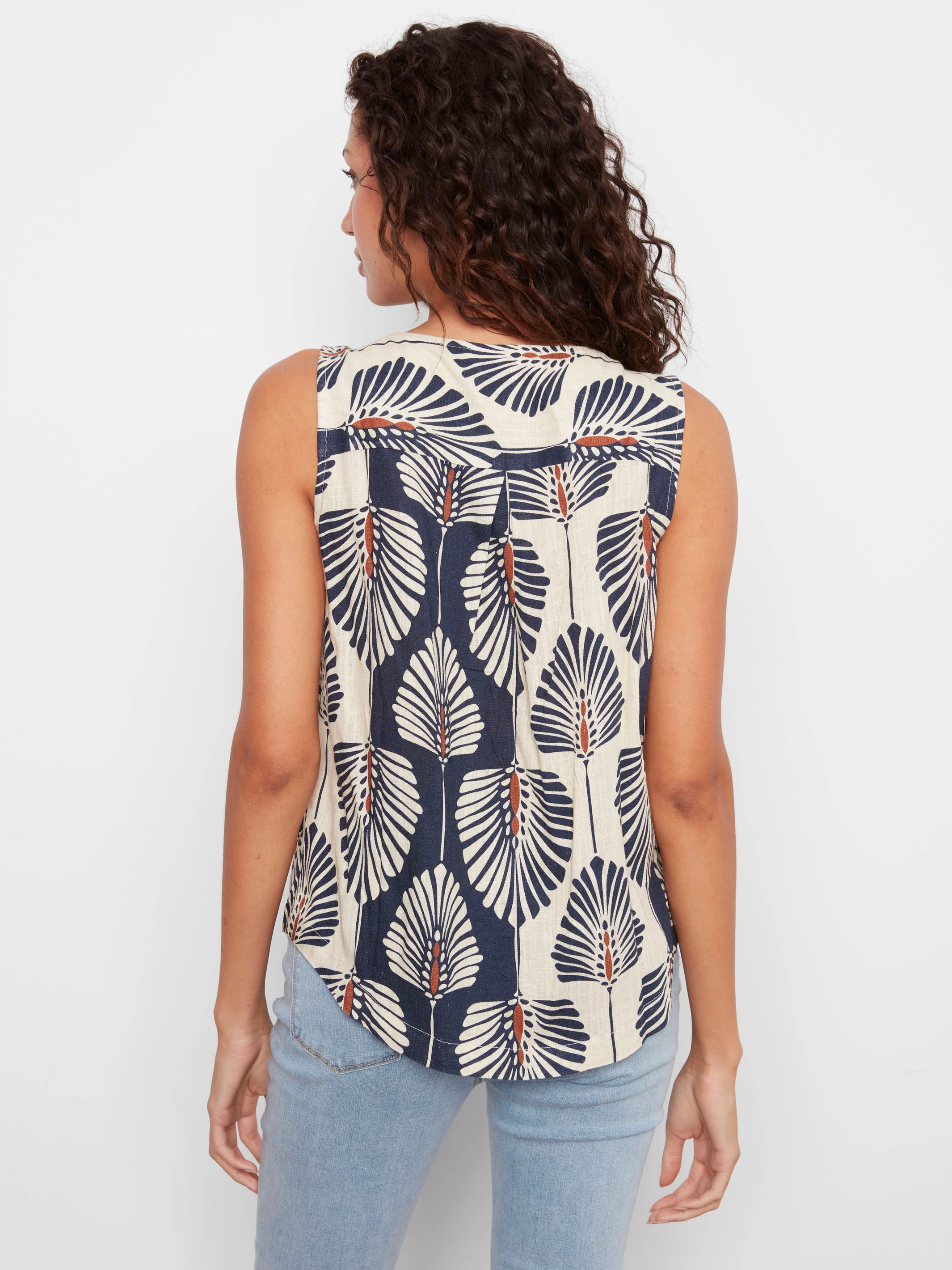 Printed Sleeveless Linen Blend Blouse - Tahiti - Image 6
