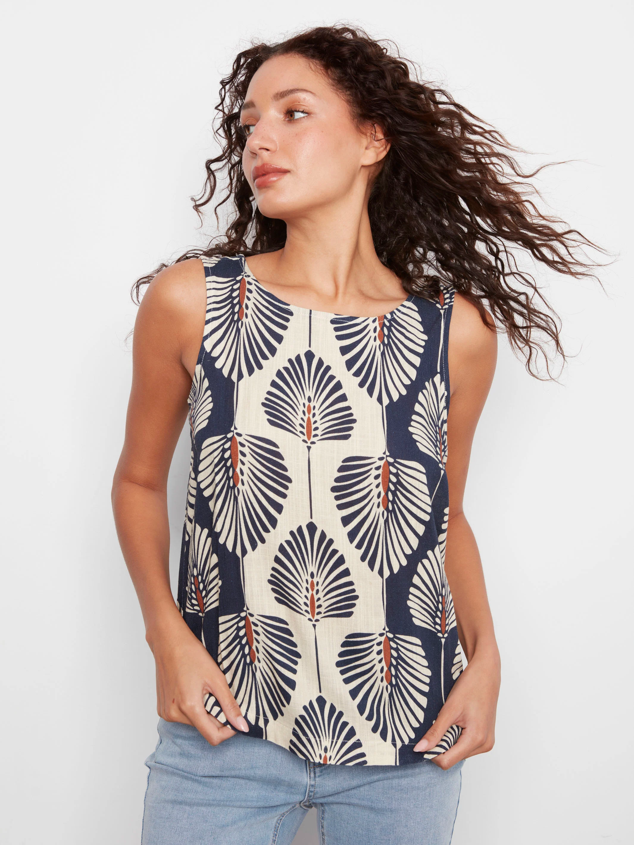 Printed Sleeveless Linen Blend Blouse - Tahiti - Image 7