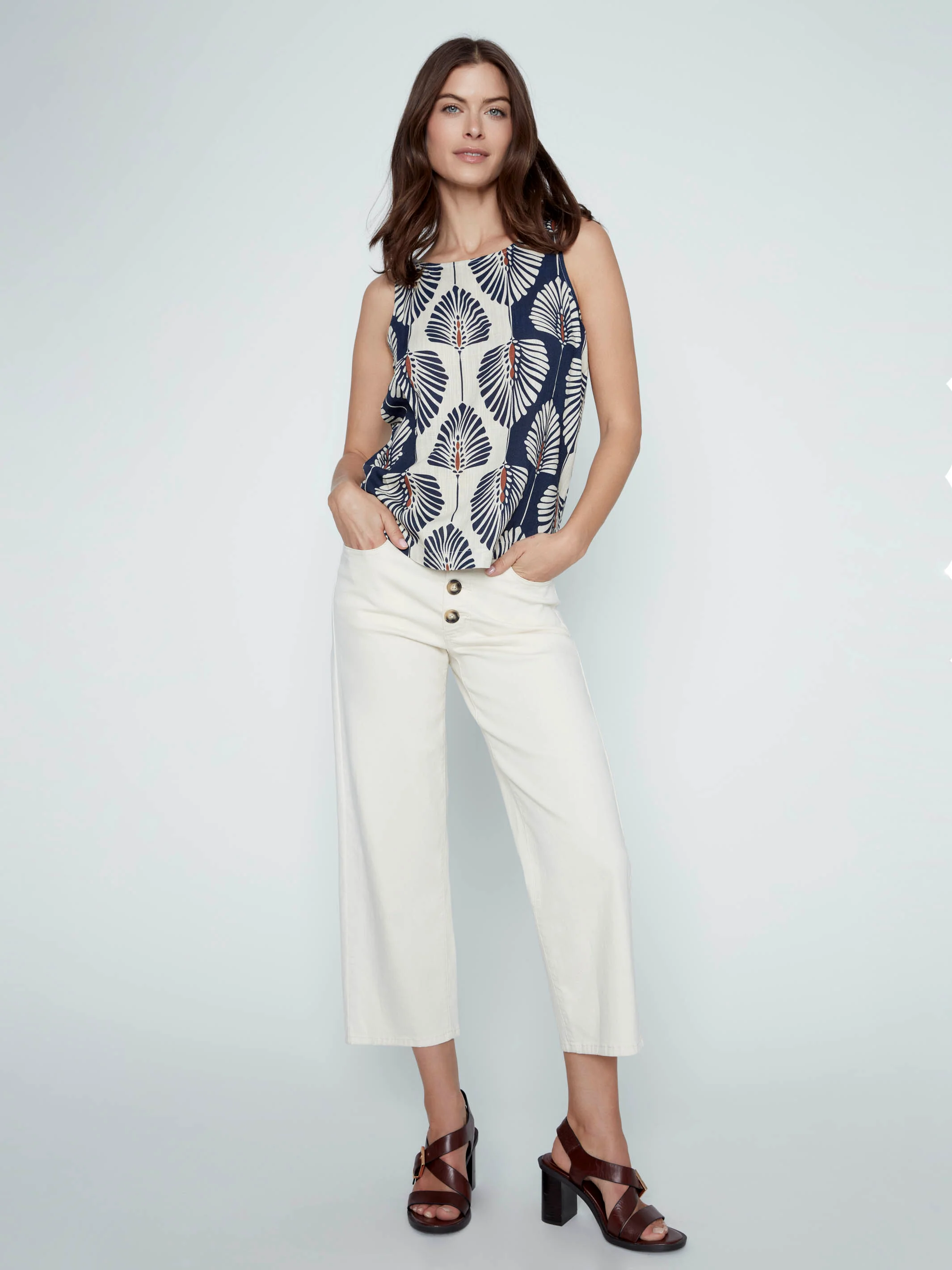 Printed Sleeveless Linen Blend Blouse - Tahiti - Image 9