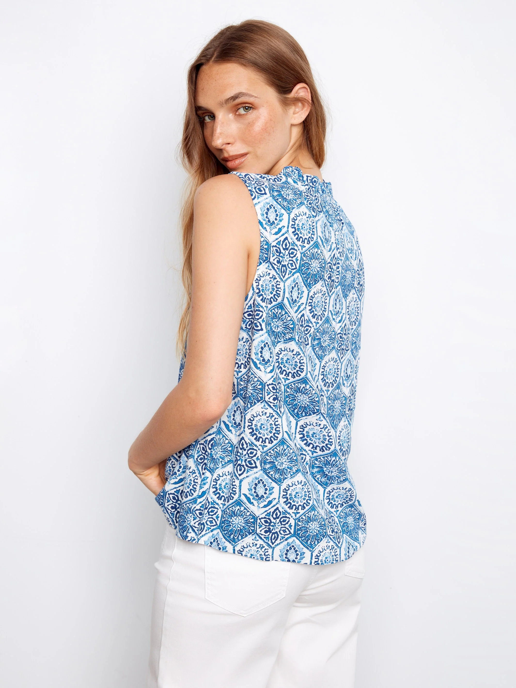Printed Sleeveless Ruffle Neck Top - Mosaic - Image 4