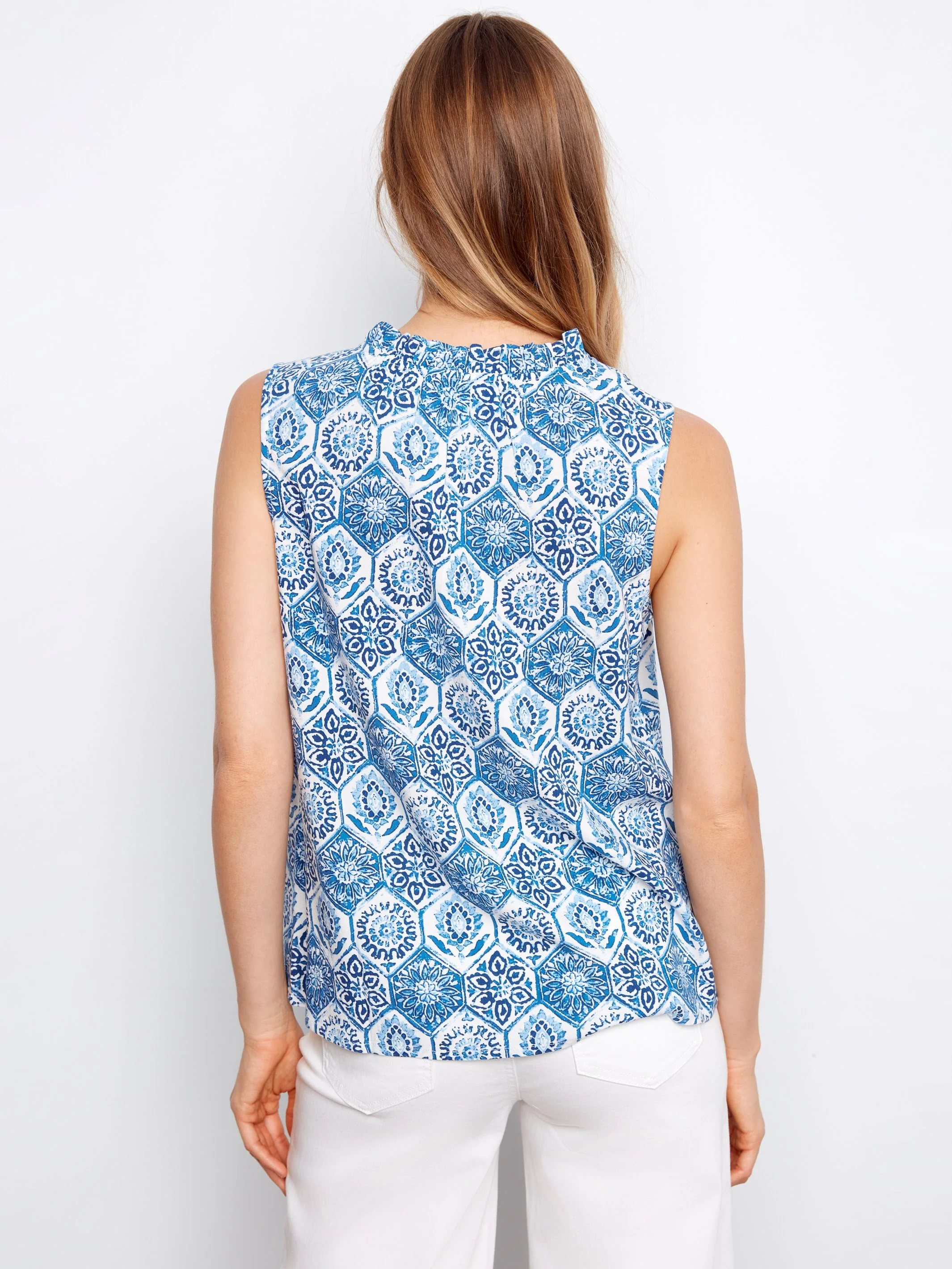 Printed Sleeveless Ruffle Neck Top - Mosaic - Image 5