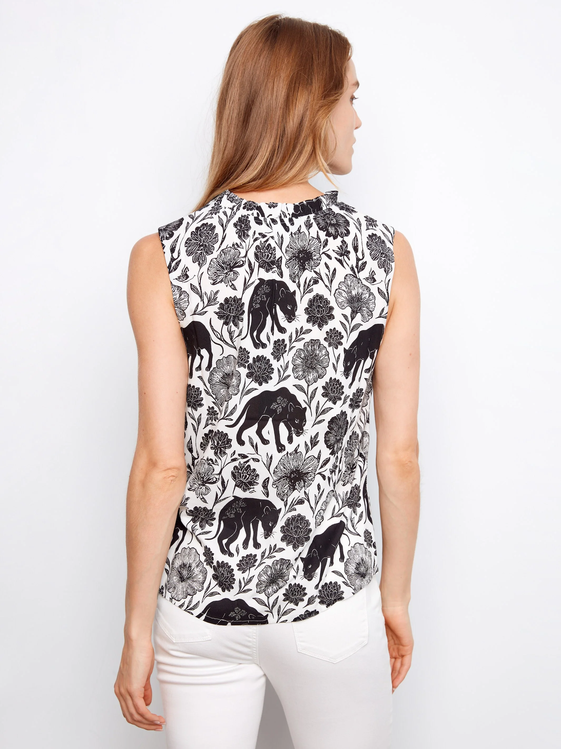 Printed Sleeveless Ruffle Neck Top - Wilderness - Image 3