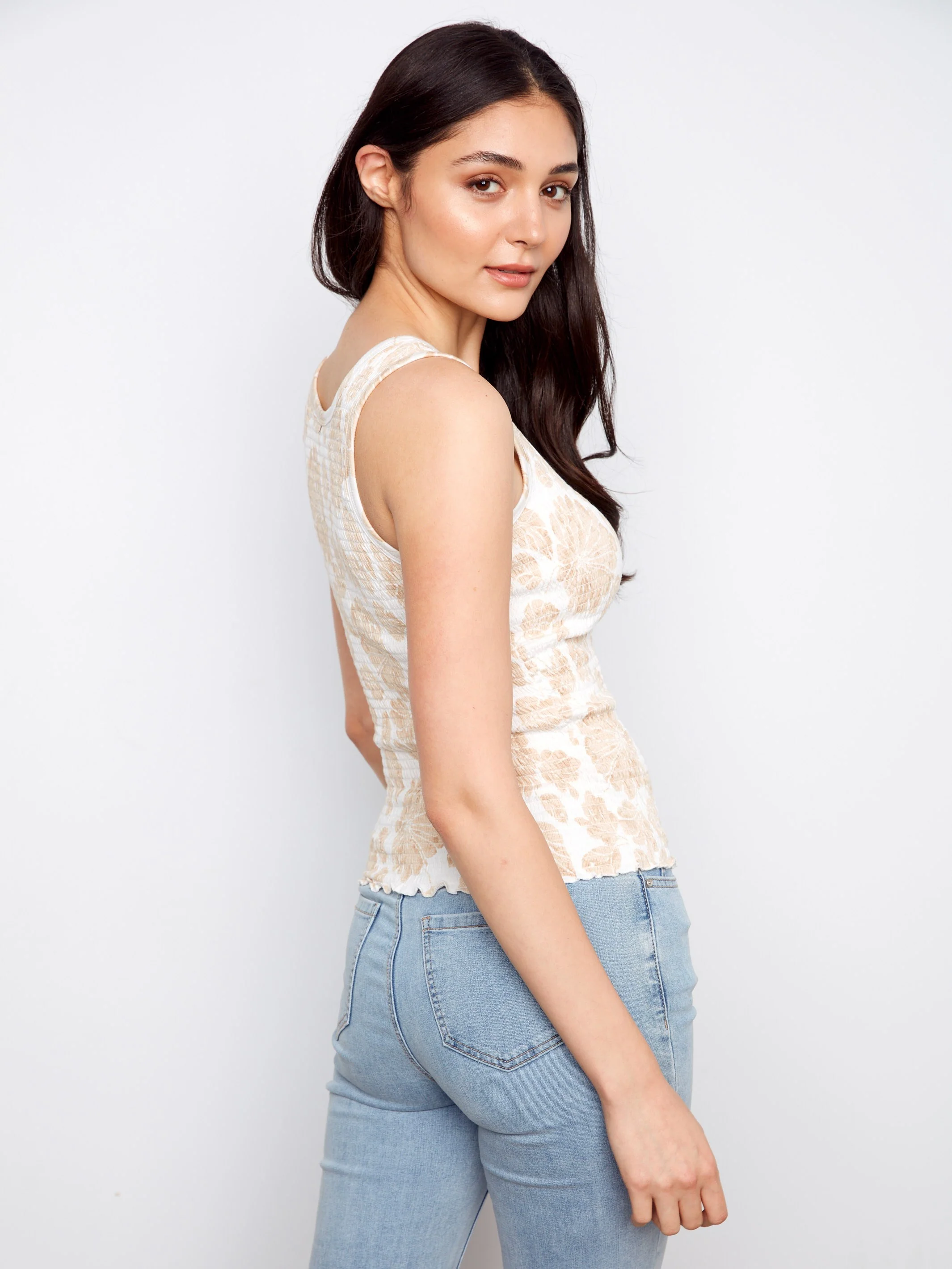 Printed Smocked Tank Top - Fog - Image 5