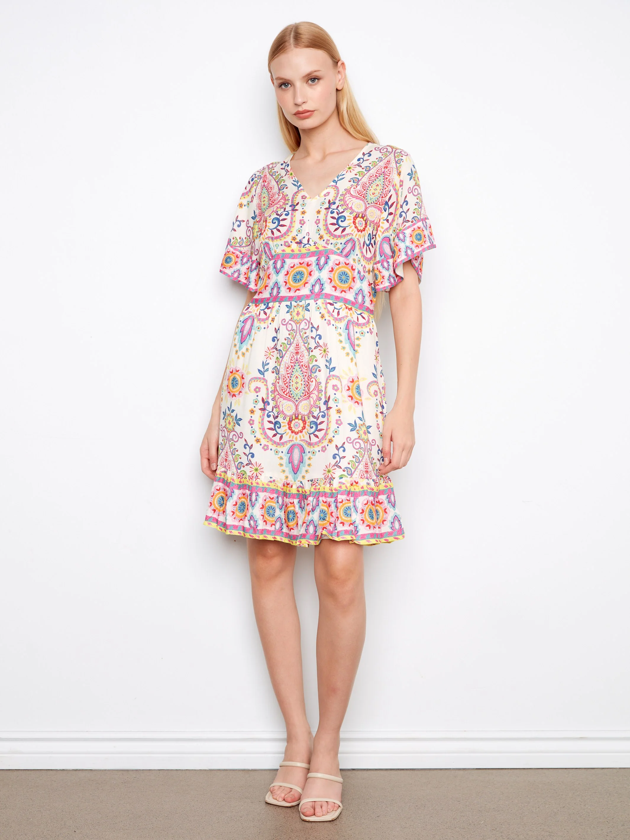 Printed V-Neck Flutter Sleeve Dress - Carnival