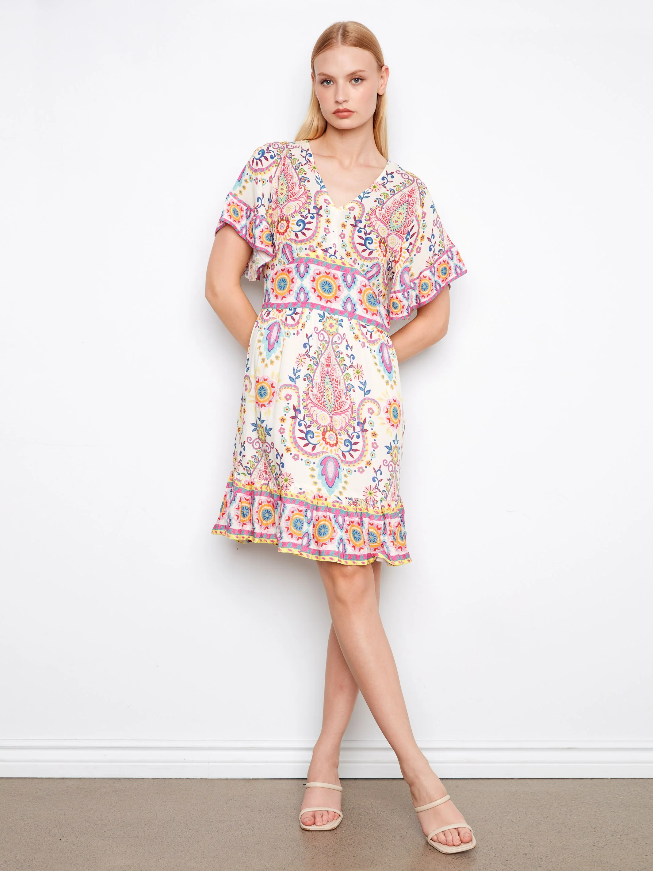 Printed V-Neck Flutter Sleeve Dress - Carnival - Image 2