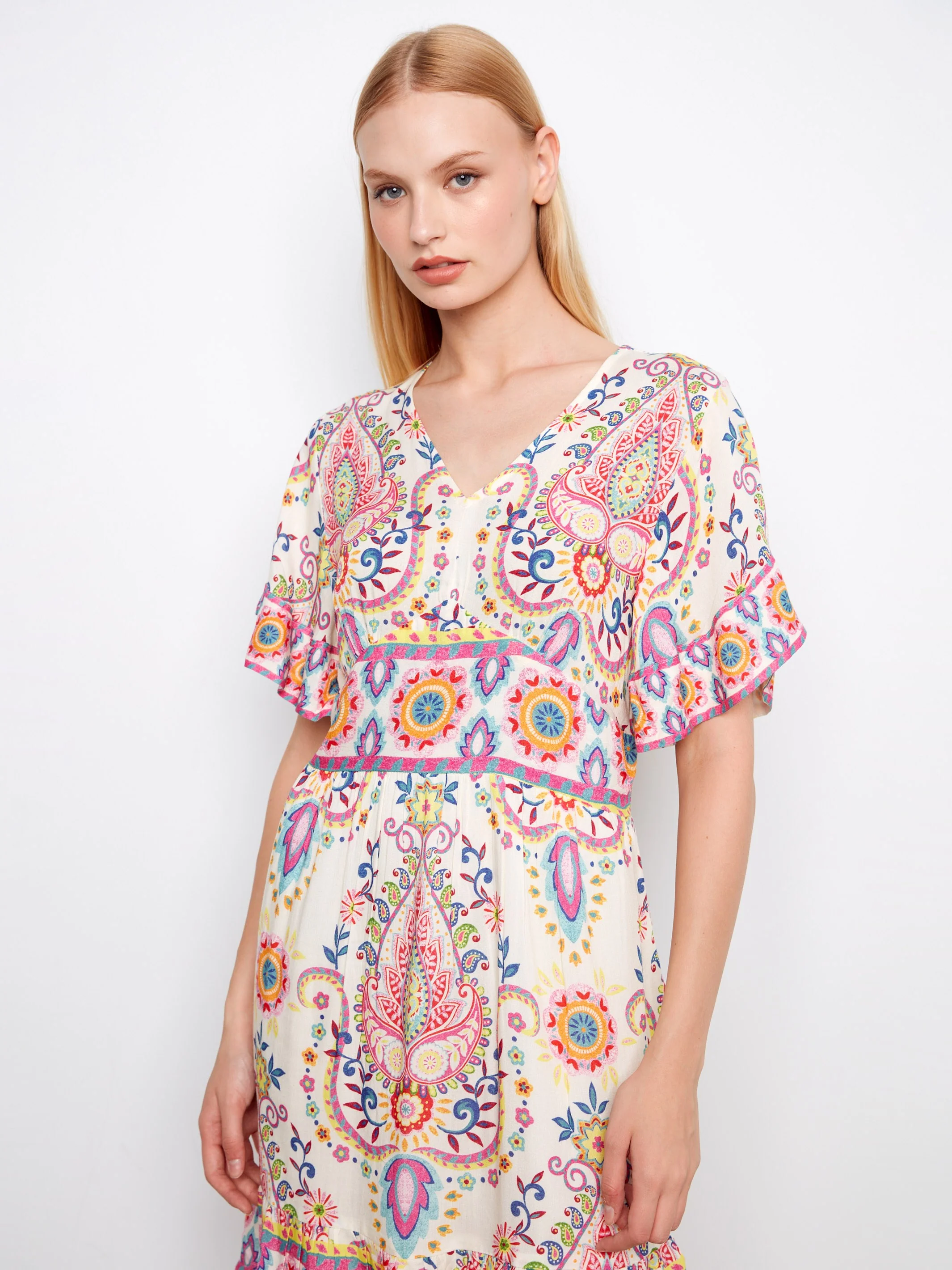 Printed V-Neck Flutter Sleeve Dress - Carnival - Image 3