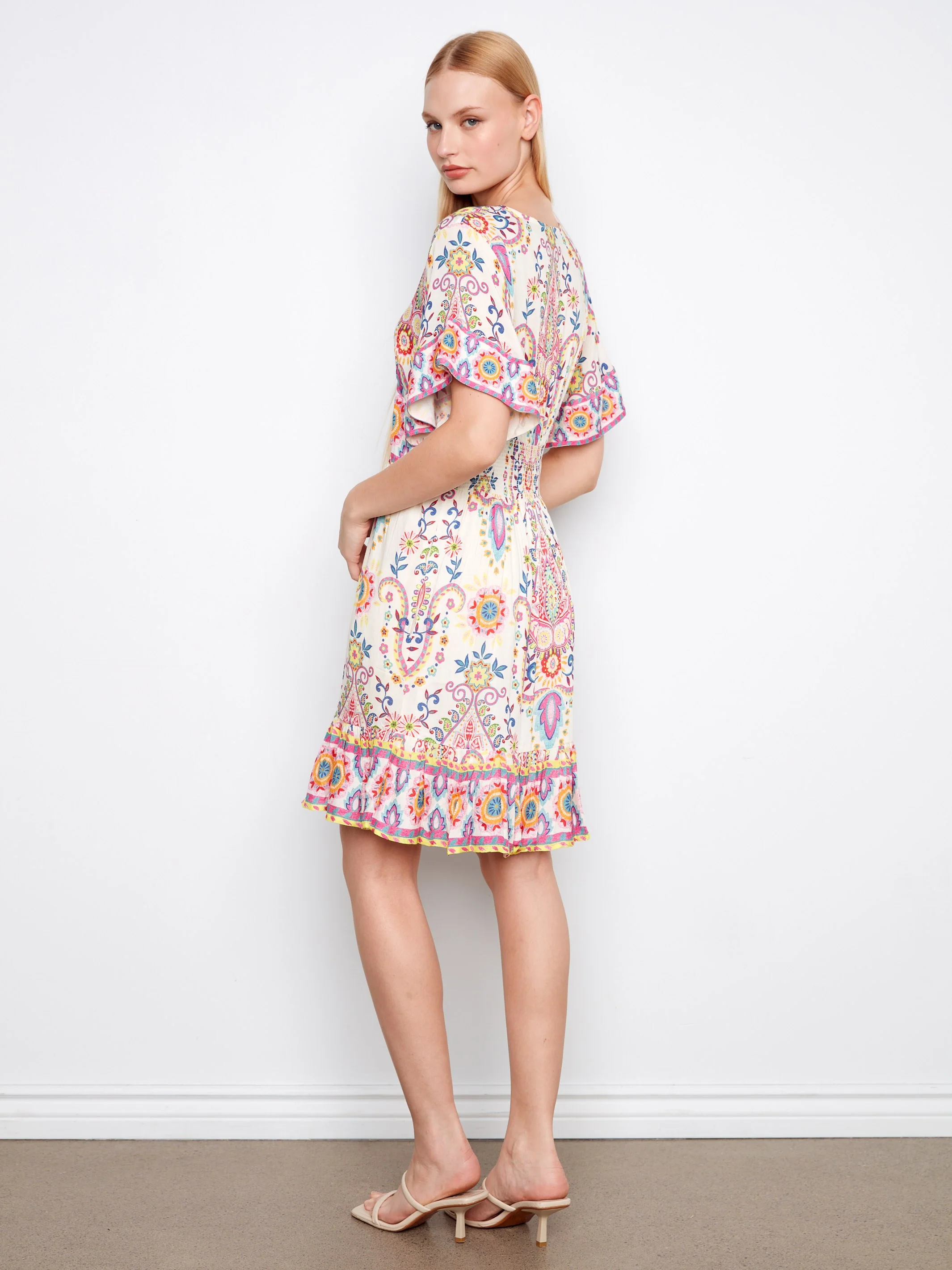 Printed V-Neck Flutter Sleeve Dress - Carnival - Image 5
