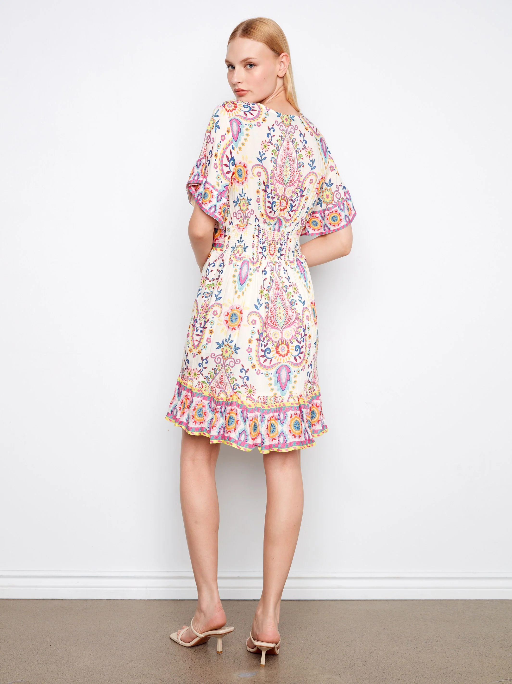 Printed V-Neck Flutter Sleeve Dress - Carnival - Image 6