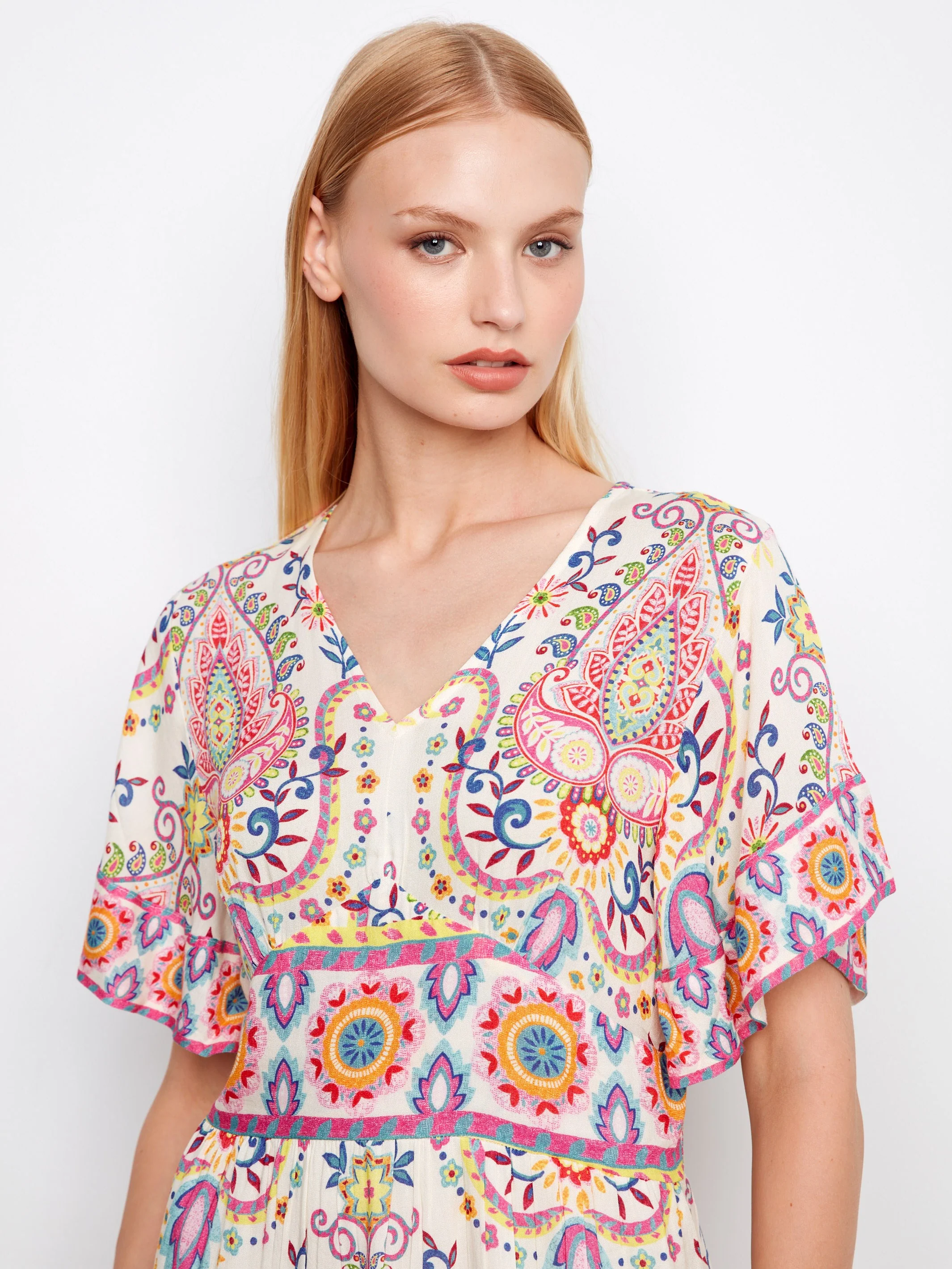 Printed V-Neck Flutter Sleeve Dress - Carnival - Image 7