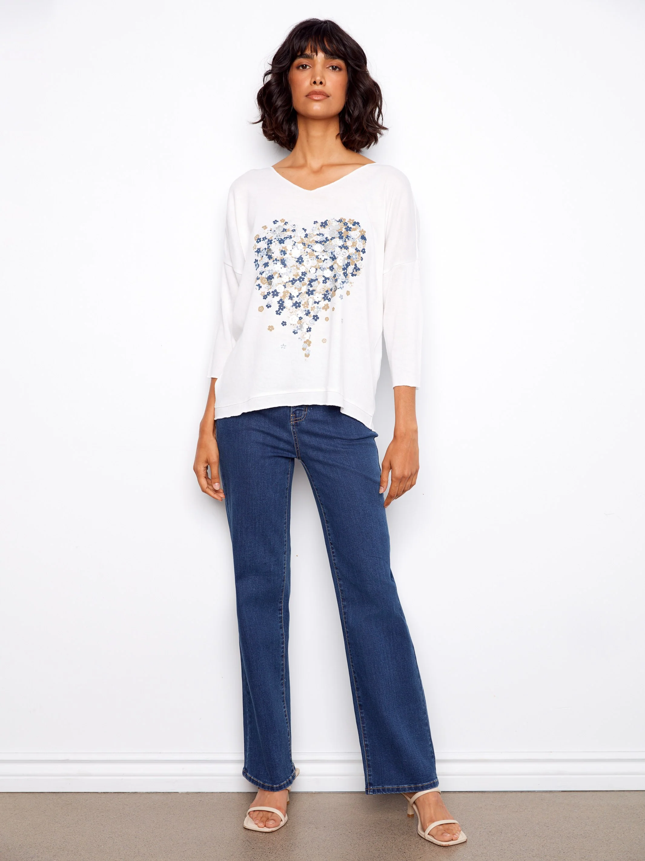Printed V-Neck Knit Top - Hearts - Image 3
