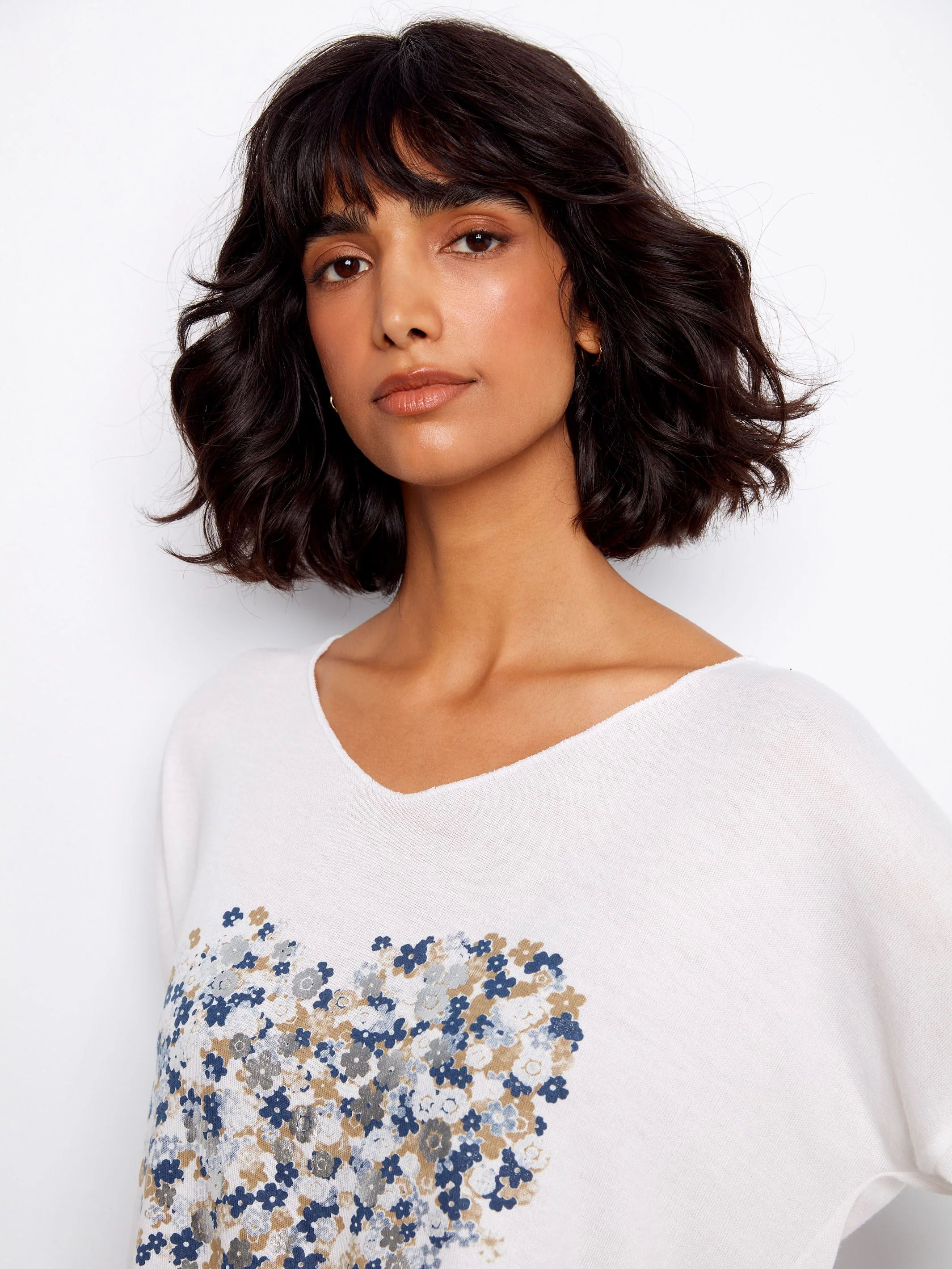Printed V-Neck Knit Top - Hearts - Image 4