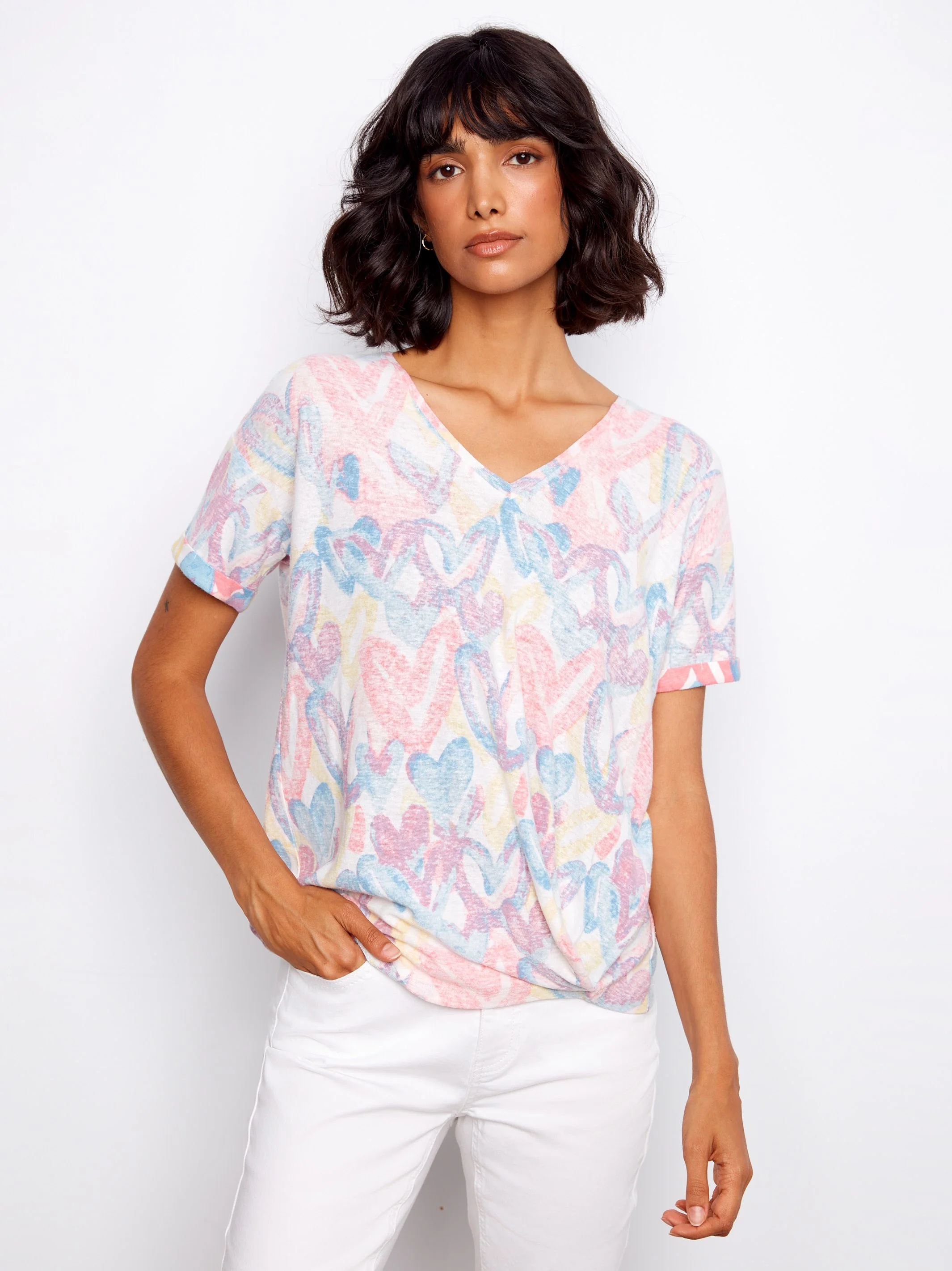 Printed V-Neck T-Shirt With Knot Detail - Rainbow