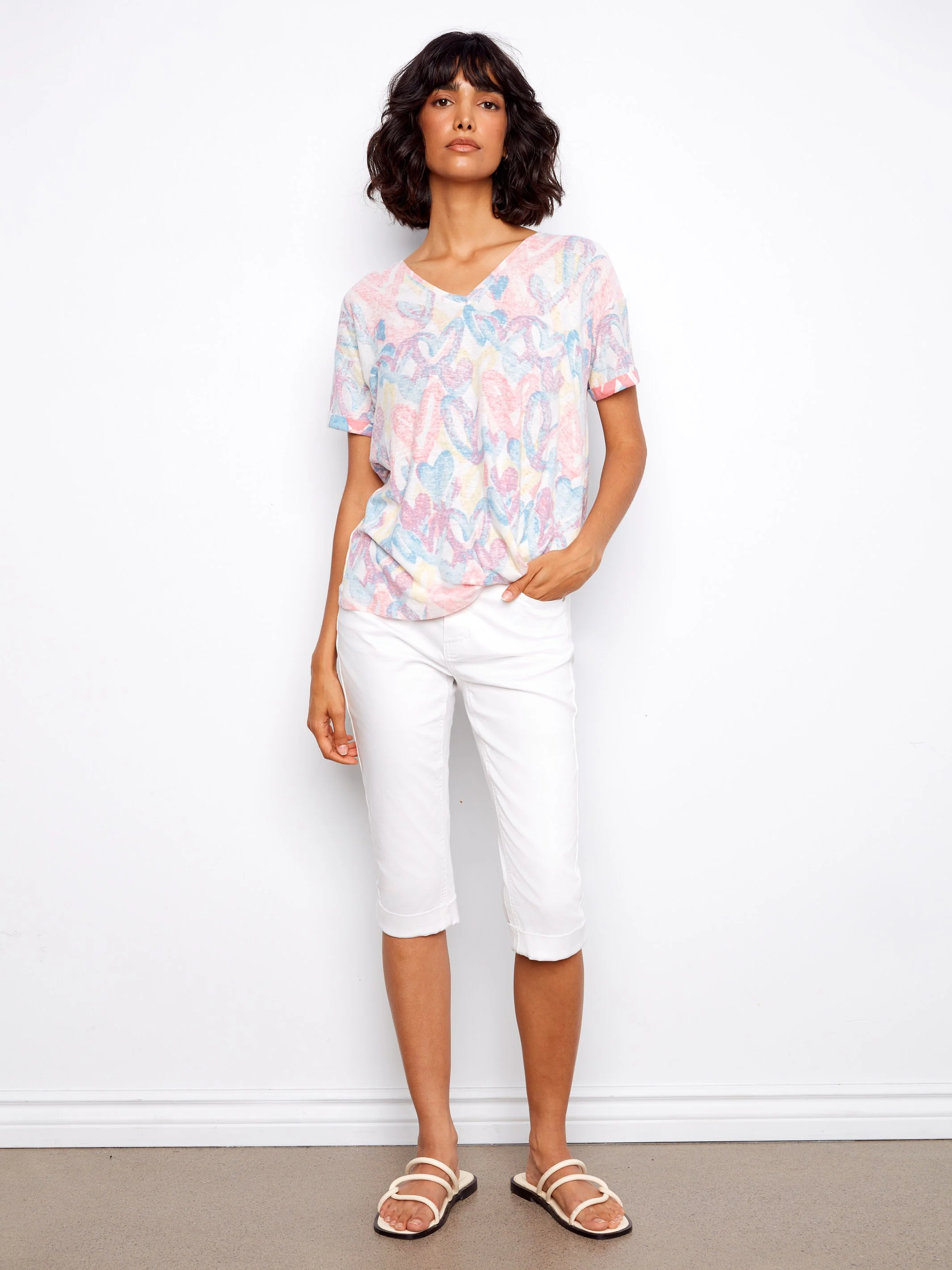 Printed V-Neck T-Shirt With Knot Detail - Rainbow - Image 2