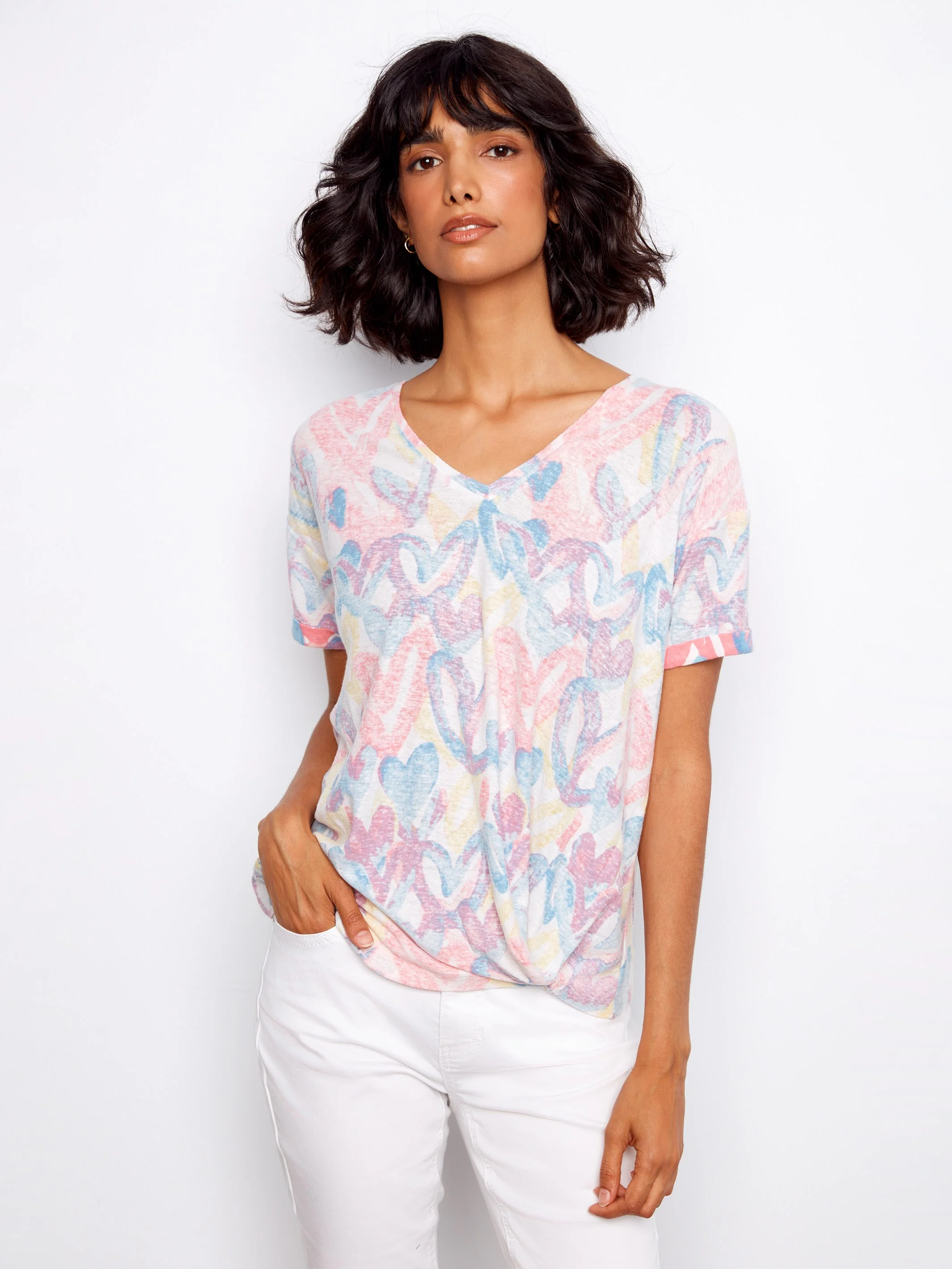 Printed V-Neck T-Shirt With Knot Detail - Rainbow - Image 3