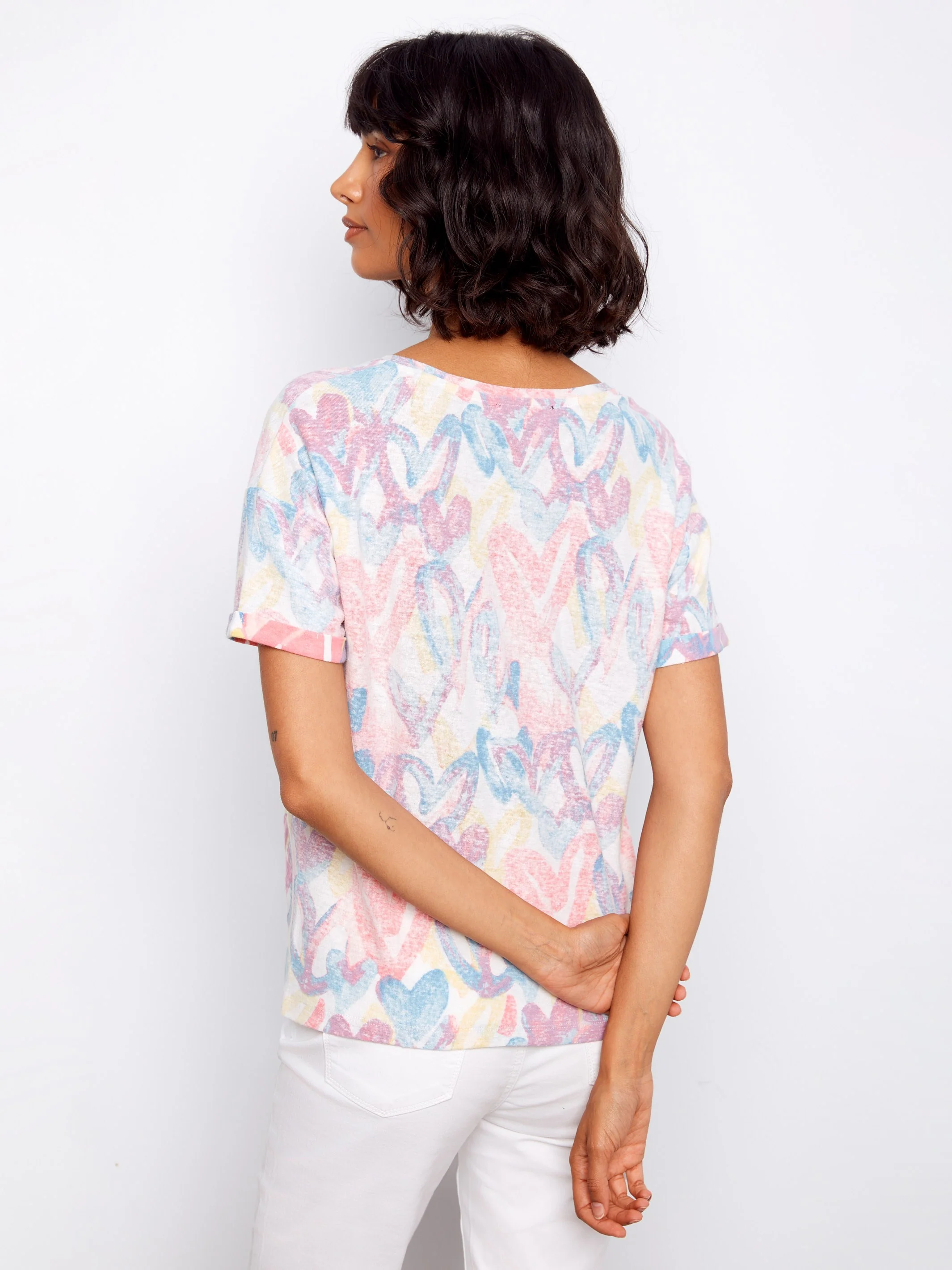 Printed V-Neck T-Shirt With Knot Detail - Rainbow - Image 4