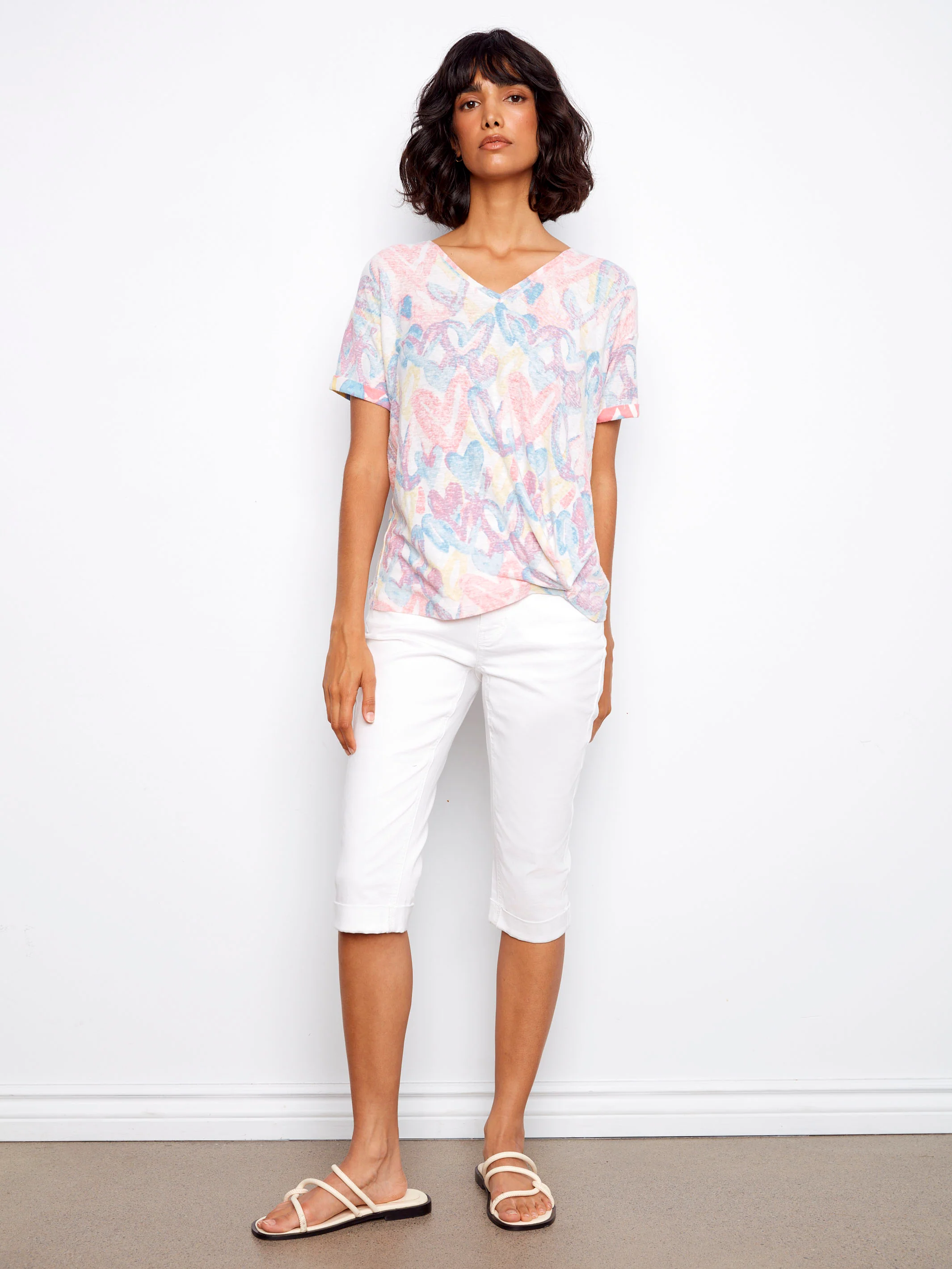 Printed V-Neck T-Shirt With Knot Detail - Rainbow - Image 5